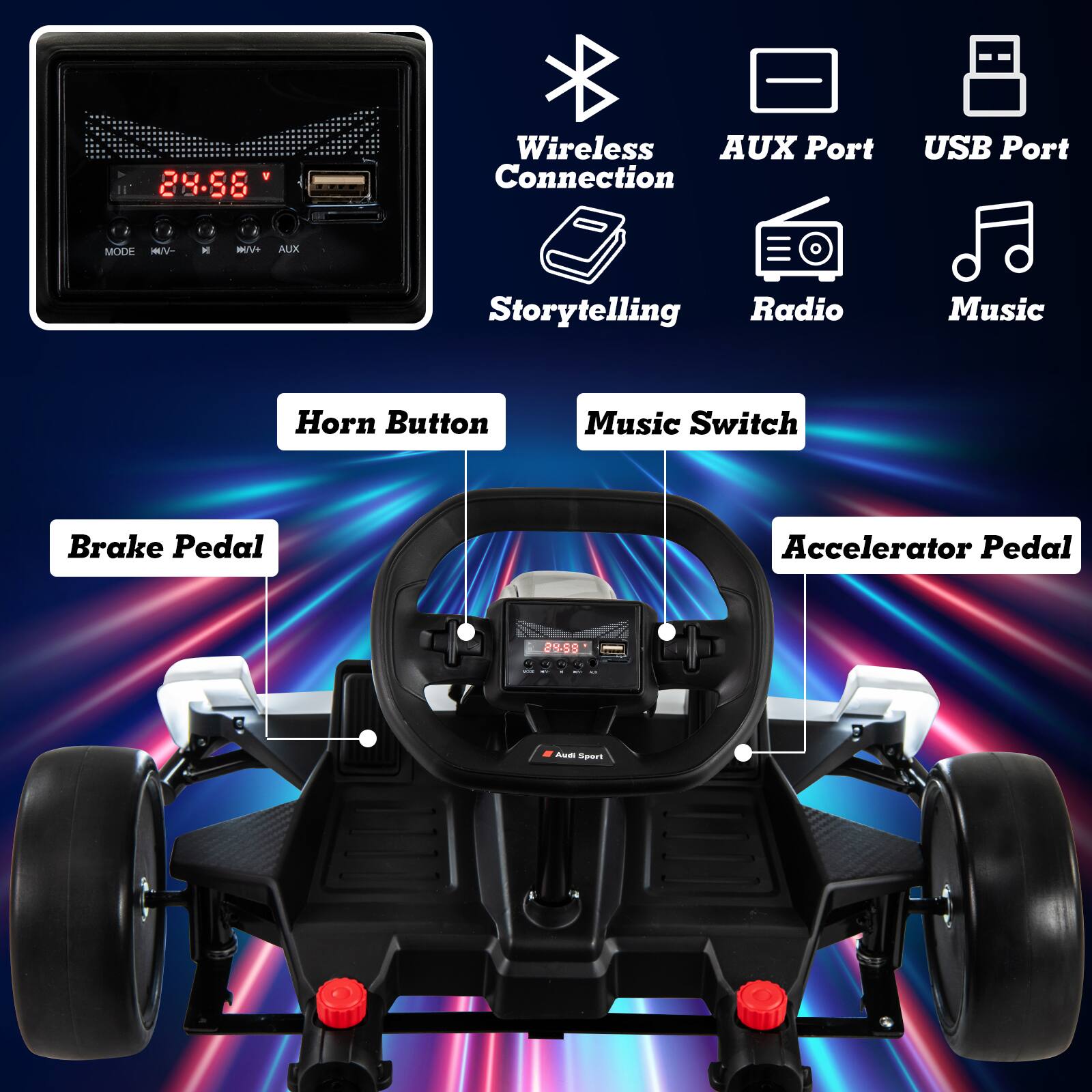 24.58 Wireless AUX Port Connection USB Port  
MODE M/V- M/V+ AUX  
Storytelling Radio Music  
Horn Button Music Switch Brake Pedal Accelerator Pedal  
Wireless Connection  
AUX Port  
USB Port  
Storytelling  
Radio  
Music