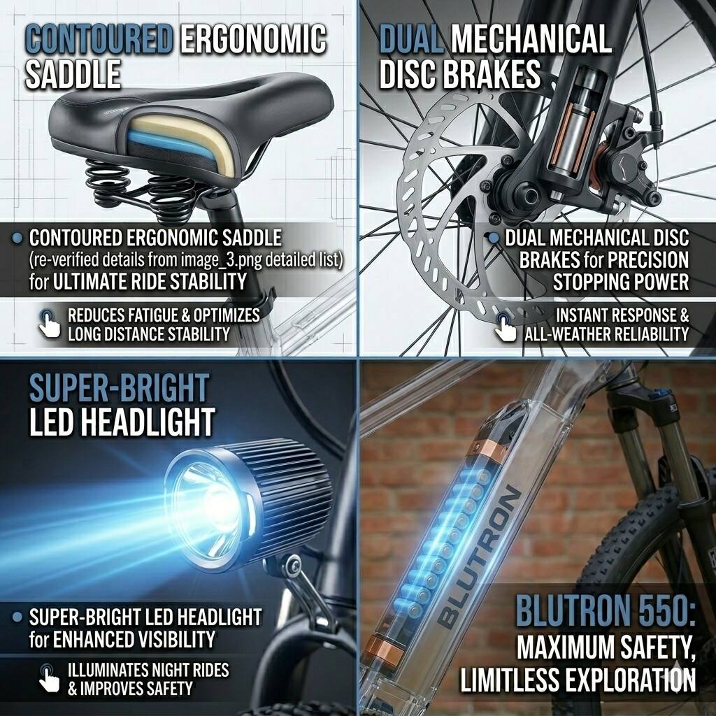 **CONTOURED ERGONOMIC SADDLE**  
- CONTOURED ERGONOMIC SADDLE (re-verified details from image_3.png detailed list)  
  for ULTIMATE RIDE STABILITY  
- REDUCES FATIGUE & OPTIMIZES LONG DISTANCE STABILITY  

**DUAL MECHANICAL DISC BRAKES**  
- DUAL MECHANICAL DISC BRAKES for PRECISION STOPPING POWER  
- INSTANT RESPONSE & ALL-WEATHER RELIABILITY  

**SUPER-BRIGHT LED HEADLIGHT**  
- SUPER-BRIGHT LED HEADLIGHT for ENHANCED VISIBILITY  
- ILLUMINATES NIGHT RIDES & IMPROVES SAFETY  

**BLUTRON 550: MAXIMUM SAFETY, LIMITLESS EXPLORATION**