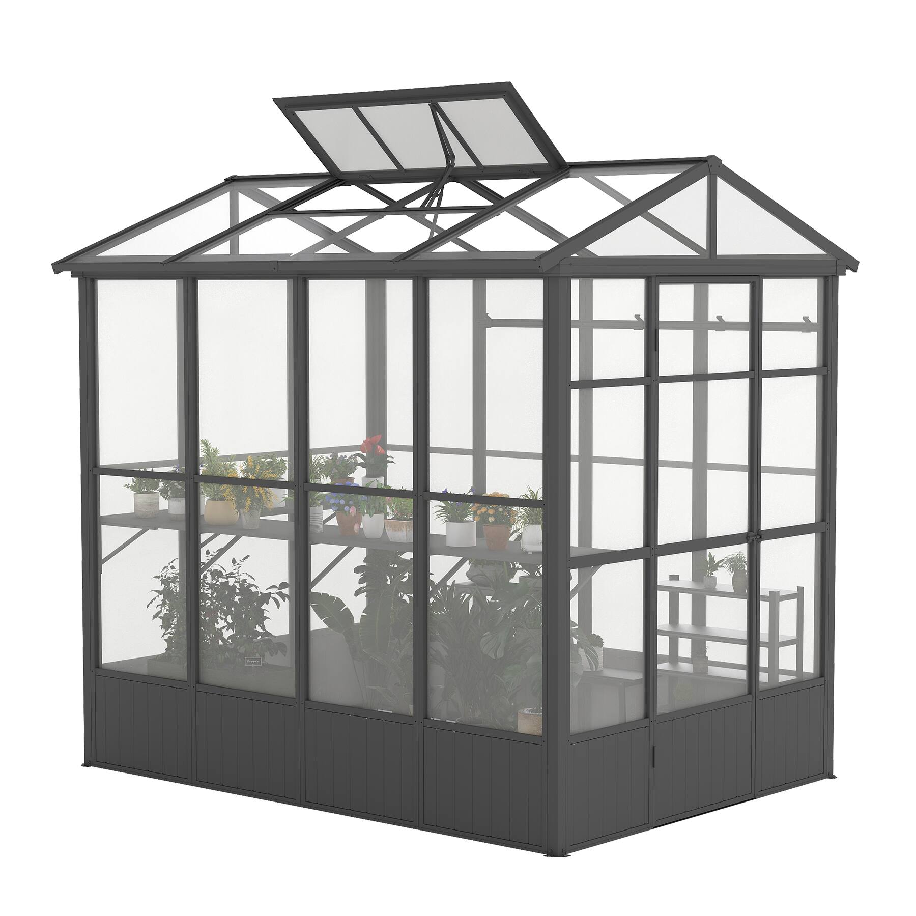 Left. Mondawe - 6.5x8FT Greenhouse, Polycarbonate with Auto Vent, Aluminum Frame - Dark Gray.