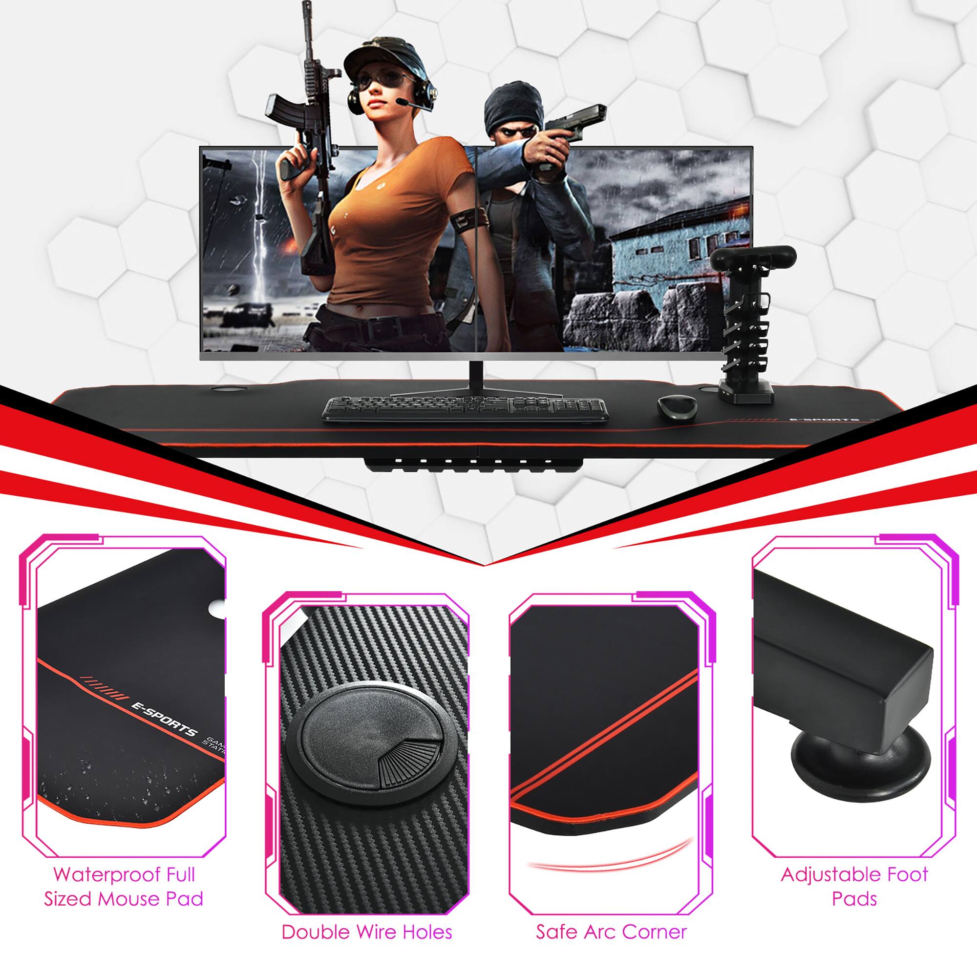 E-SPORTS Waterproof Full Sized Mouse Pad Adjustable Foot Pads Double Wire Holes Safe Arc Corner
