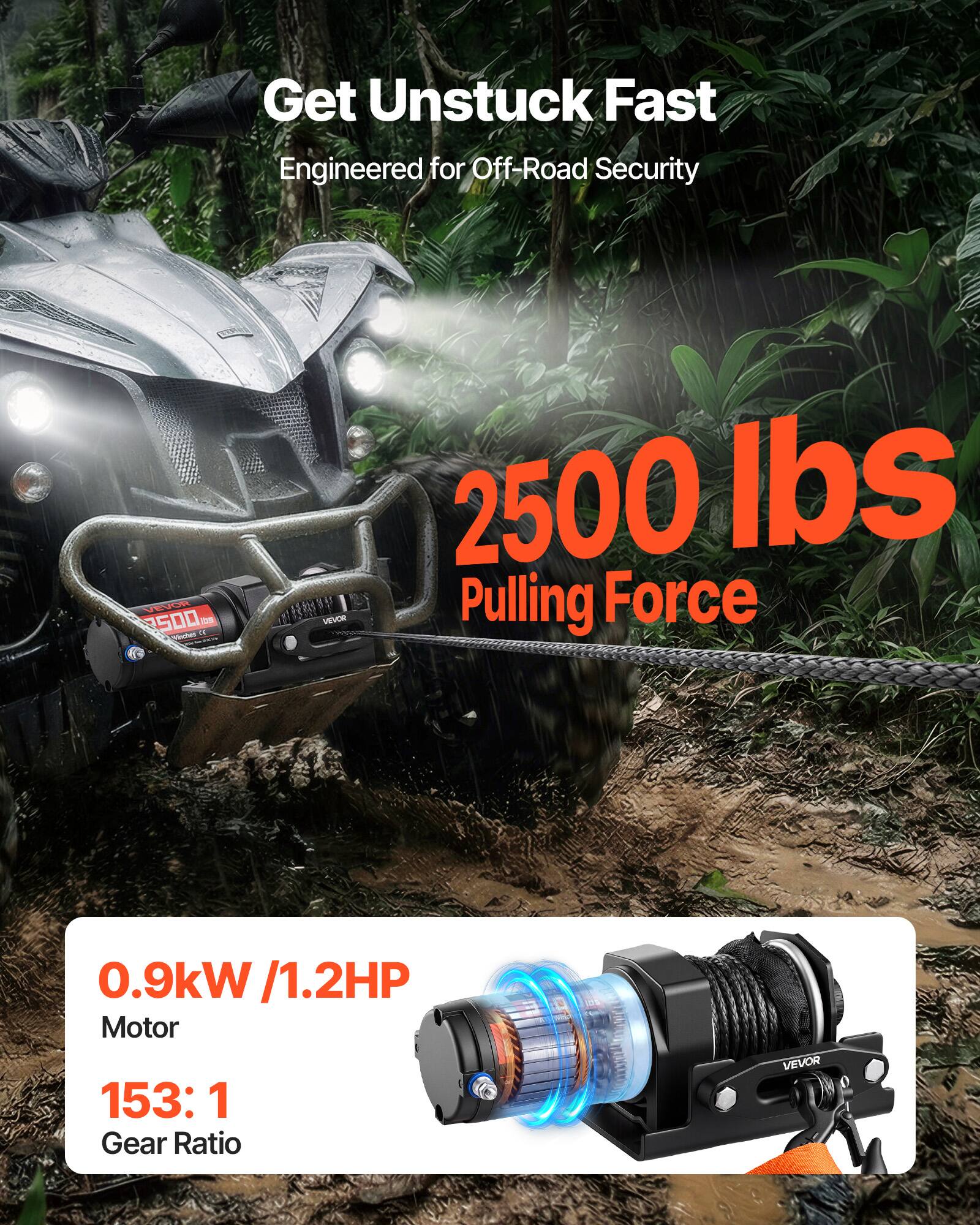 Get Unstuck Fast  
Engineered for Off-Road Security  

2500 lbs Pulling Force  

0.9kW / 1.2HP Motor  
153:1 Gear Ratio
