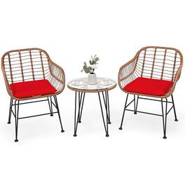 Costway - 3PCS Patio Rattan Bistro Set Coffee Table Armchair Garden Cushion - Red