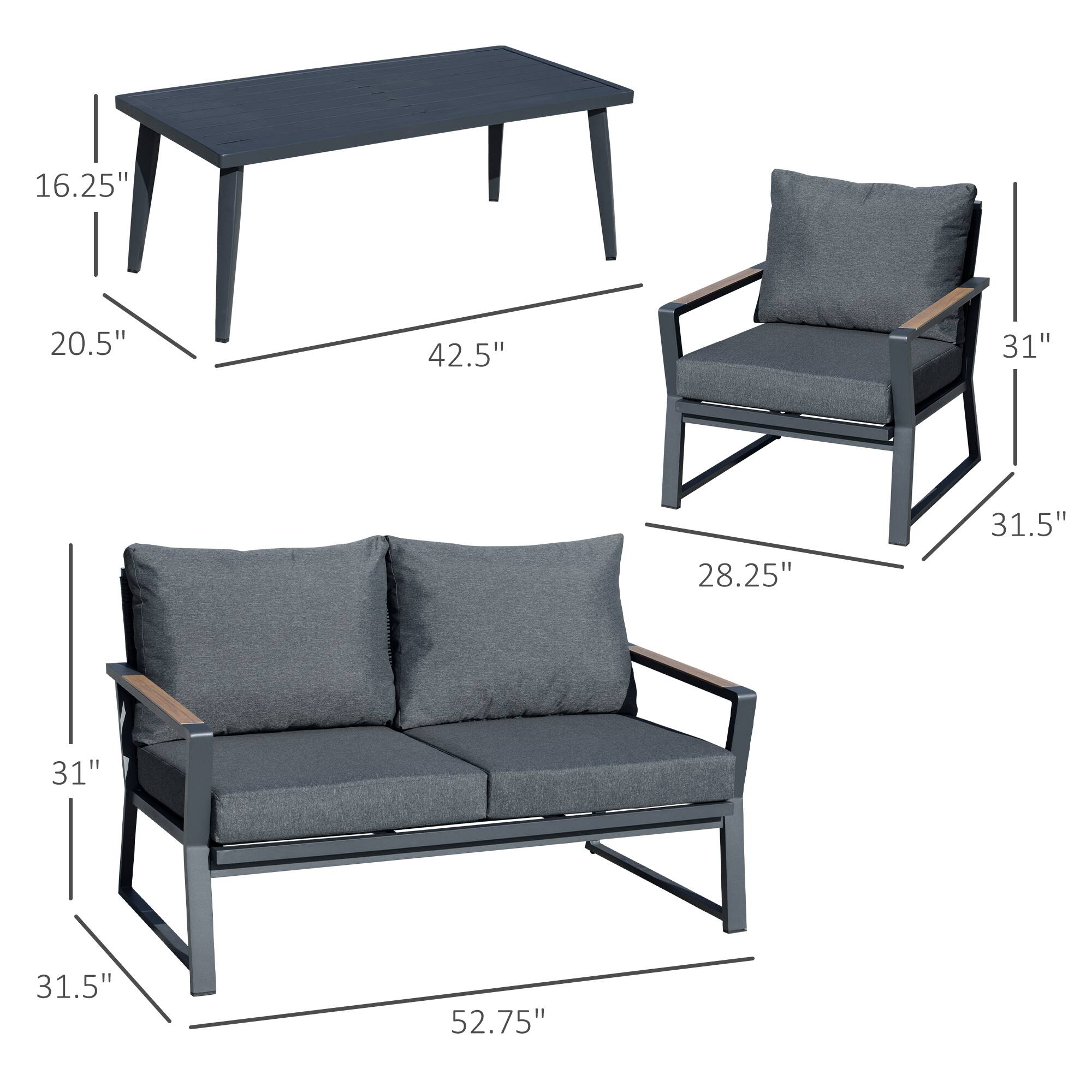 Table: 16.25", 20.5", 42.5"

Chair: 31", 31.5"

Sofa: 28.25", 31", 31.5", 52.75"