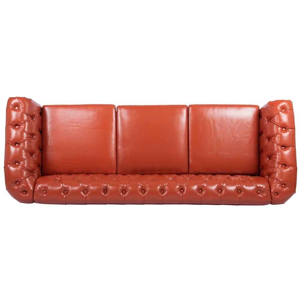 Alt View 3. Loheer - Loheer 84.65 Inch Rolled Arm Chesterfield 3 Seater Sofa PU Leather Couch Vintage Tufted Back Living Room Sofa - Brown.