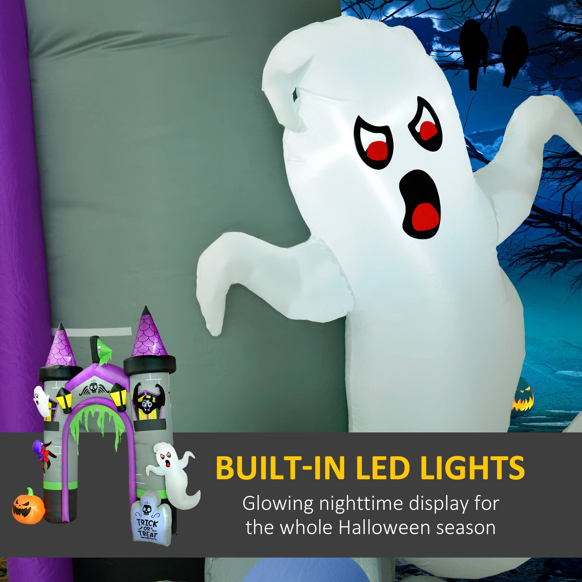 The text in the image can be grouped and corrected as follows:

**Built-in LED Lights**
Glowing nighttime display for the whole Halloween season.
