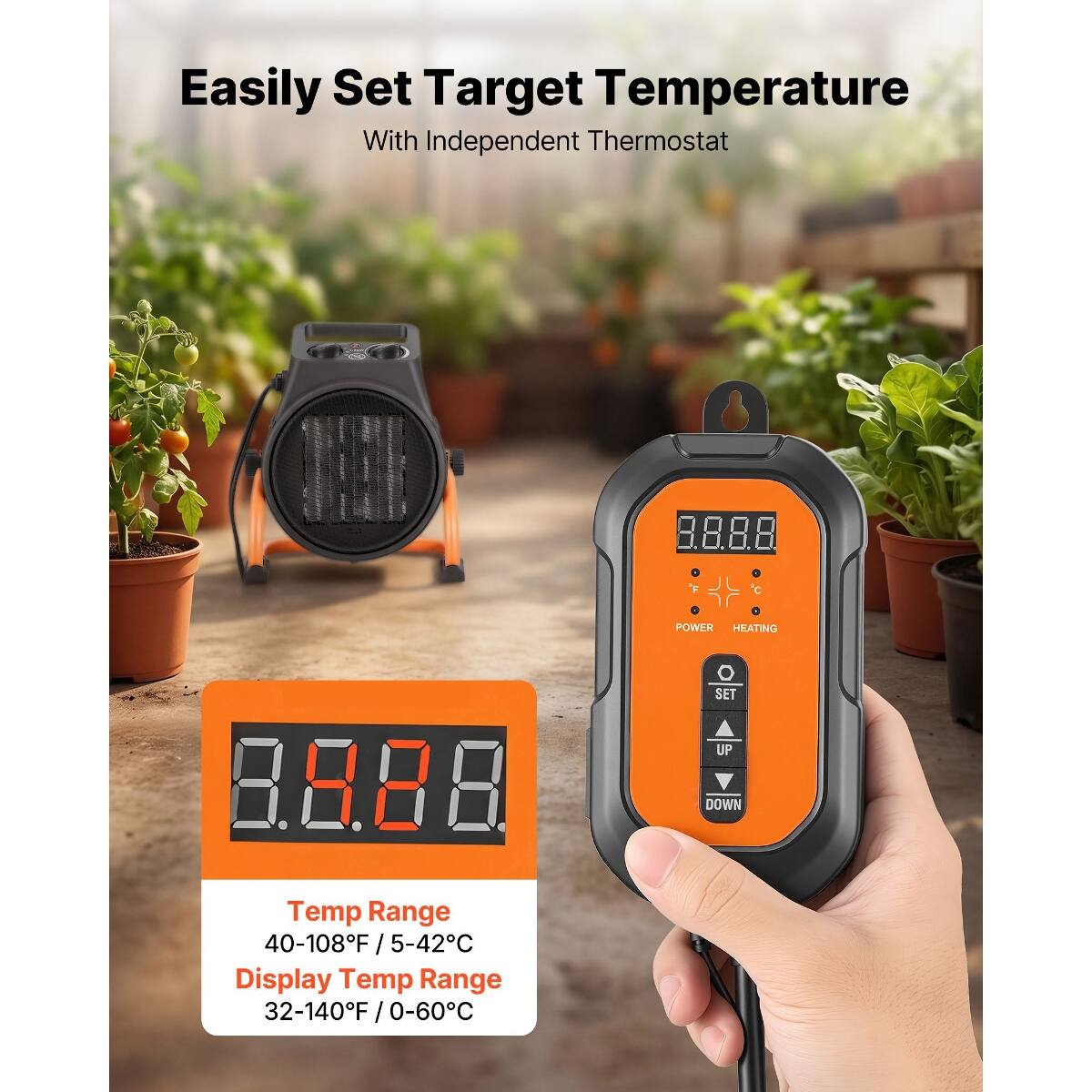 Easily Set Target Temperature With Independent Thermostat

POWER HEATING
O SET
UP
DOWN

Temp Range 40-108F / 5-42C
Display Temp Range 32-140F / 0-60C