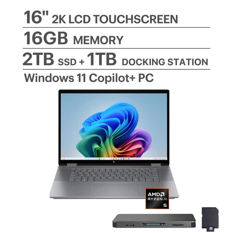 HP - OmniBook X Flip 2-in-1 - Copilot+ PC - 16" 2K Touch-Screen Laptop - AMD Ryzen AI 5 340 2025 - 16GB Memory - 2TB SSD - Meteor Silver