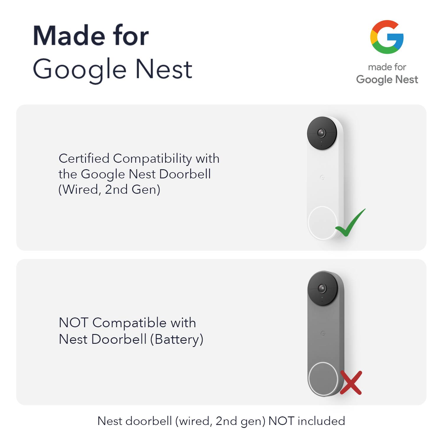 Made for Google Nest
Certified Compatibility with the Google Nest Doorbell (Wired, 2nd Gen)
NOT Compatible with Nest Doorbell (Battery)
Nest doorbell (wired, 2nd gen) NOT included