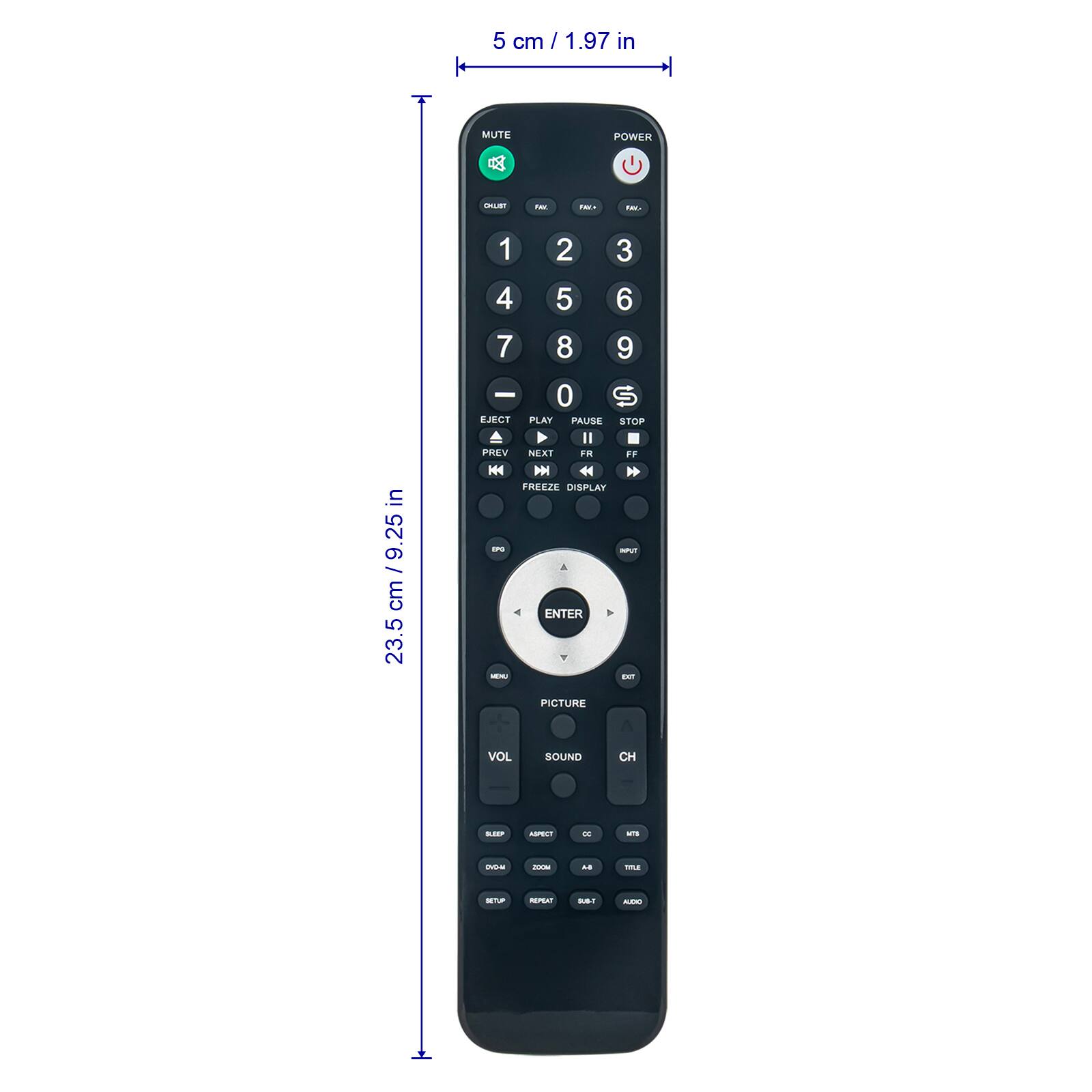 5 cm / 1.97 in

23.5 cm / 9.25 in

MUTE
CHLIST
Fav

1 2 3
4 5 6
7 8 9
0

POWER

EJECT
PLAY
PAUSE
STOP
FREEZE
DISPLAY

ENTER

PICTURE
SOUND
CH

VOL

MENU
EXIT

SUBT
AUDIO

SETUP
REPEAT

TV
FM

A
B

TITLE

CC
MTS

A
B

AUX

ZOOM
DVD/CD