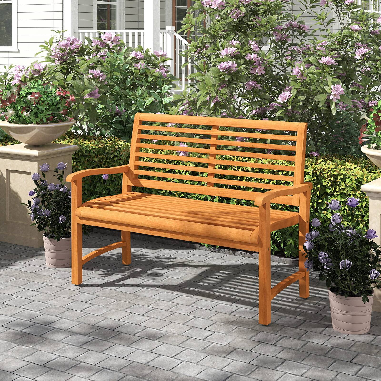 Alt View 4. Gymax - Gymax Teak Wood Outdoor Garden Bench w/800 lbs Capacity Slatted Backrest Seat Armrests - Yellow.