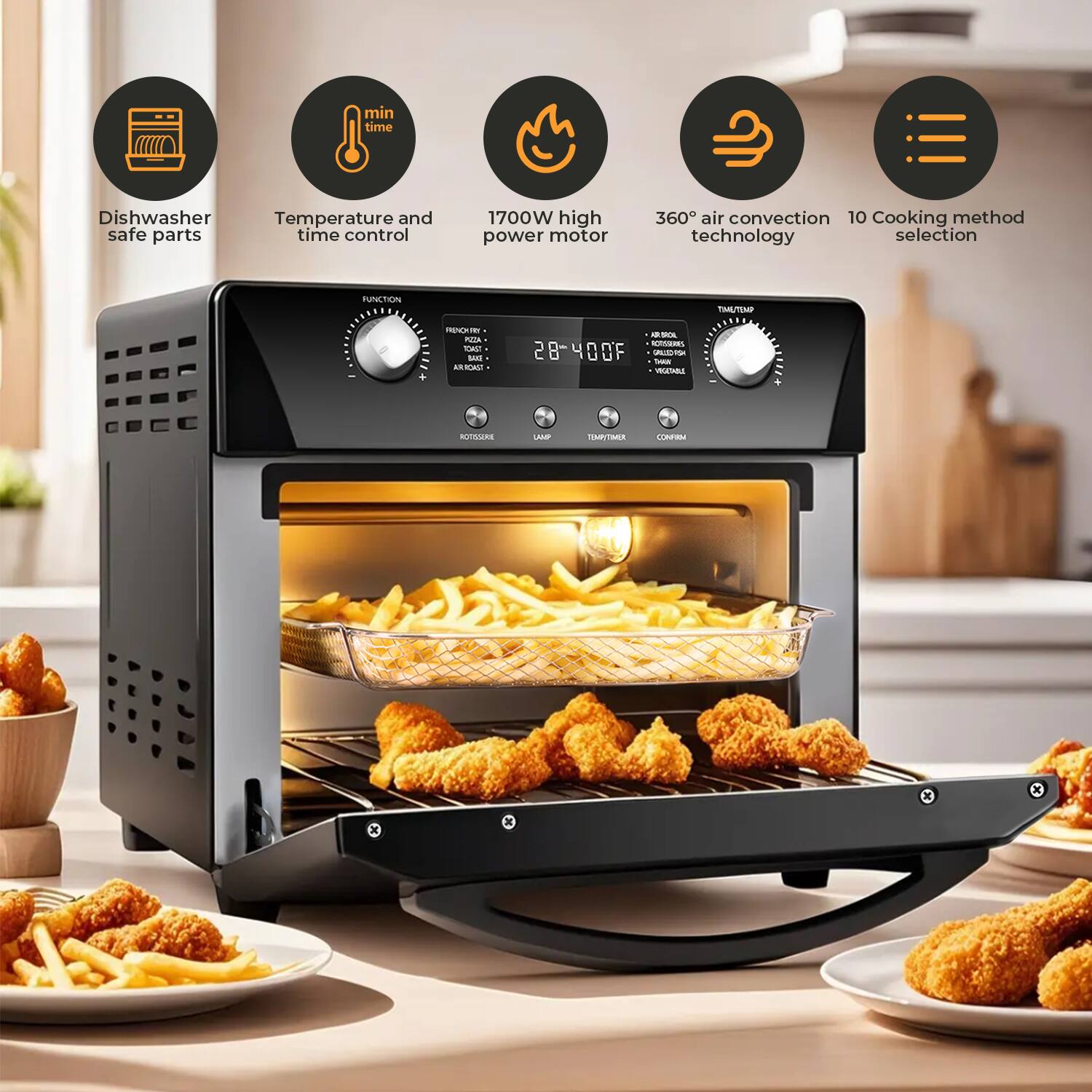 - Dishwasher safe parts
- Temperature and time control
- 1700W high power motor
- 360° air convection technology
- 10 Cooking method selection