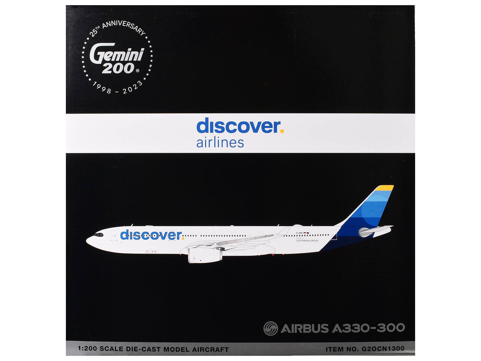 25th Anniversary  
Gemini 200  
1998 - 2023  

discover airlines  

1:200 Scale Die-Cast Model Aircraft  
Airbus A330-300  
Item No. G20CN1300
