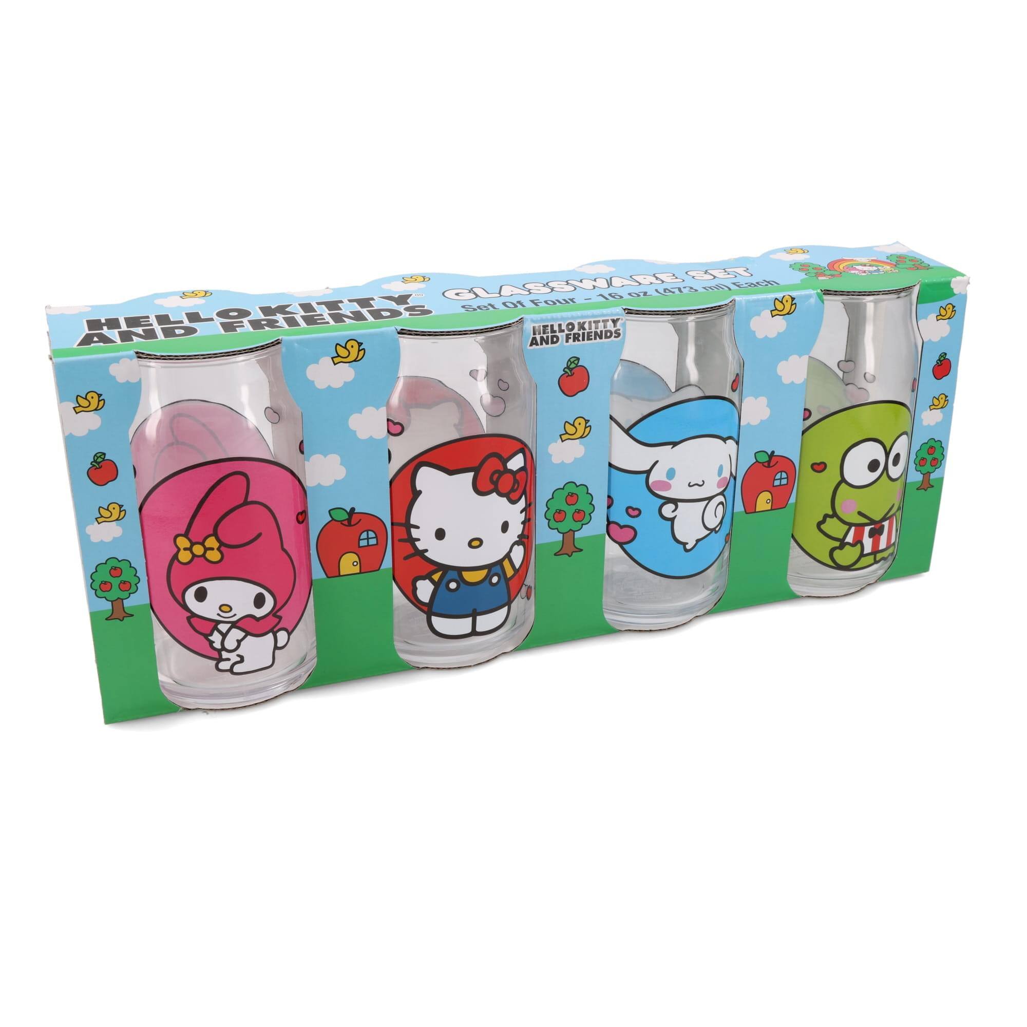 Sure, here is the corrected and grouped text from the image:

---

**HELLO KITTY AND FRIENDS**

**GLASSWARE SET**

**Set of Four - 16 oz (473 ml) Each**

**HELLO KITTY AND FRIENDS**

---