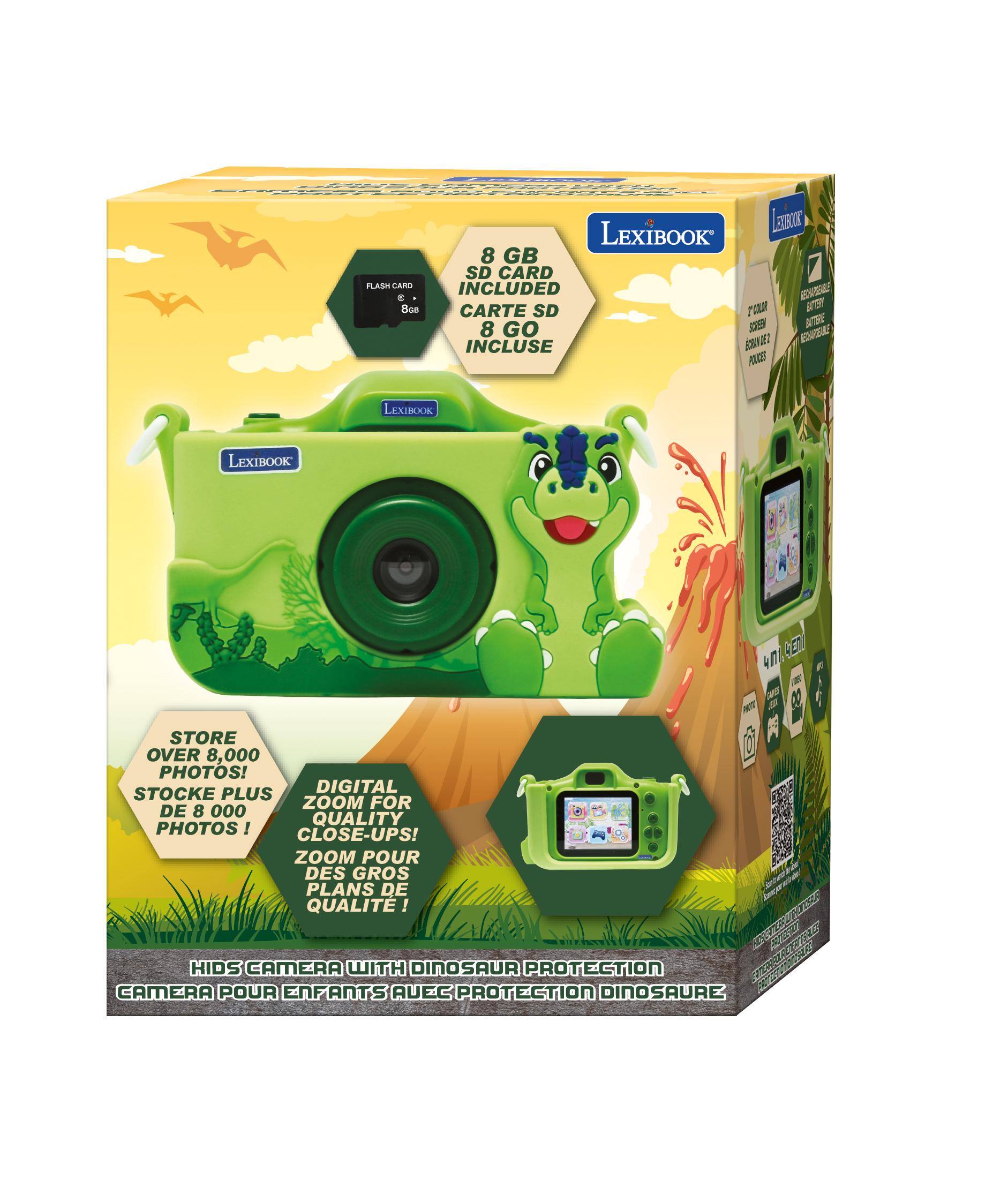 FLASH CARD 3 8ca

LEXIBOOK LEEBOOK 8 GB SD CARD INCLUDED RECHATERIBLE CARTE SD 8 GO SCREEN INCLUSE ESANDE2 POKES

LEXIBOOK
LEXIBOOK
40 4 ETT

STORE OVER 8,000 PHOTOS! STOCKE DIGITAL PLUS ZOOM FOR DE 8 000 QUALITY PHOTOS! CLOSE-UPS! ZOOM POUR DES GROS PLANS DE QUALITE!

HIDS CAMERA WITH DINOSAUR PROTECTION CAMERA POUR ENFANTS AVEC PROTECTION DINOSAURE