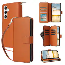 Dteck - Crossbody Wallet Case for Samsung Galaxy S25 FE, Shockproof Zipper Pocket PU Leather Folio Cover with 9 Card Slots - Brown