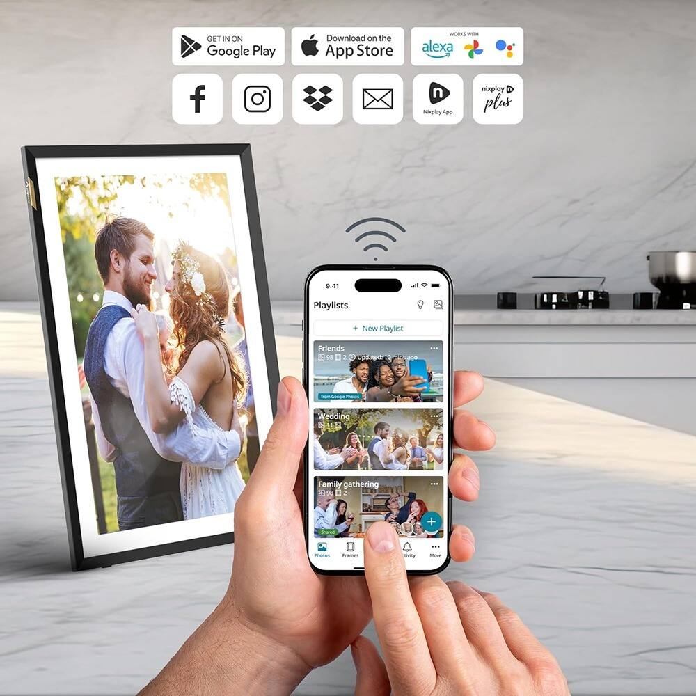 Sure, here is the corrected and grouped text from the image:

---

**Top Section:**

- GET IN ON Google Play
- Download on the App Store
- WORKS WITH alexa
- Nixplay App
- nixplay plus

**Icons:**

- Facebook
- Instagram
- Dropbox
- Email
- Nixplay App
- nixplay plus

**Bottom Section (on the phone screen):**

- Playlists
  - Friends
  - Wedding
  - Family gathering
  - New Playlist

**Additional Text:**

- 9:41
- Photos
- Friends
- Wedding
- Family gathering
- New Playlist
- More

--- 

This should cover all the text elements from the image.