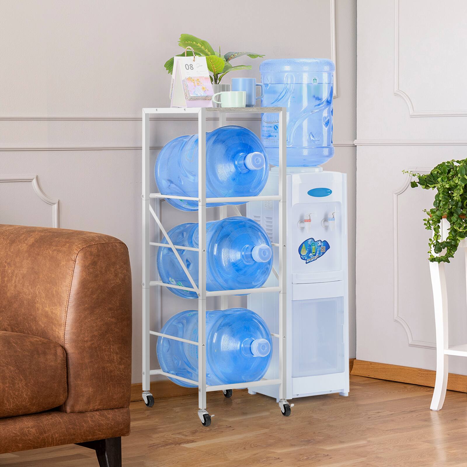 Alt View 2. Oumilen - 3-Tier Single Row Water Jug Rack with Rolling Casters,5 Gallon Water Bottle Storage Cart, White - White.