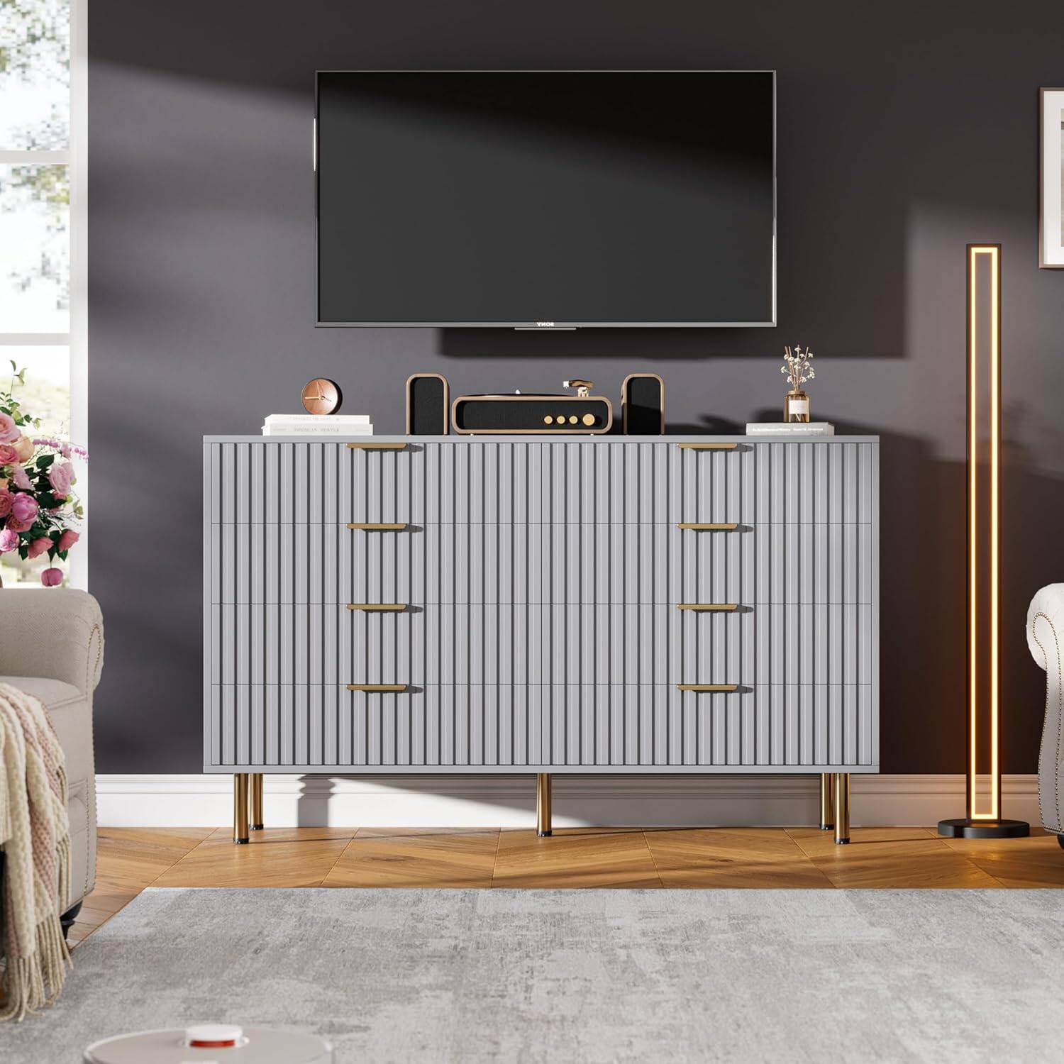 Alt View 2. GARVEE - Fluted 8 Drawer Dresser, 54" Wide Modern Chest with Deep Drawers, Double Dresser TV Stand for Living Room, Bedroom - Gray.
