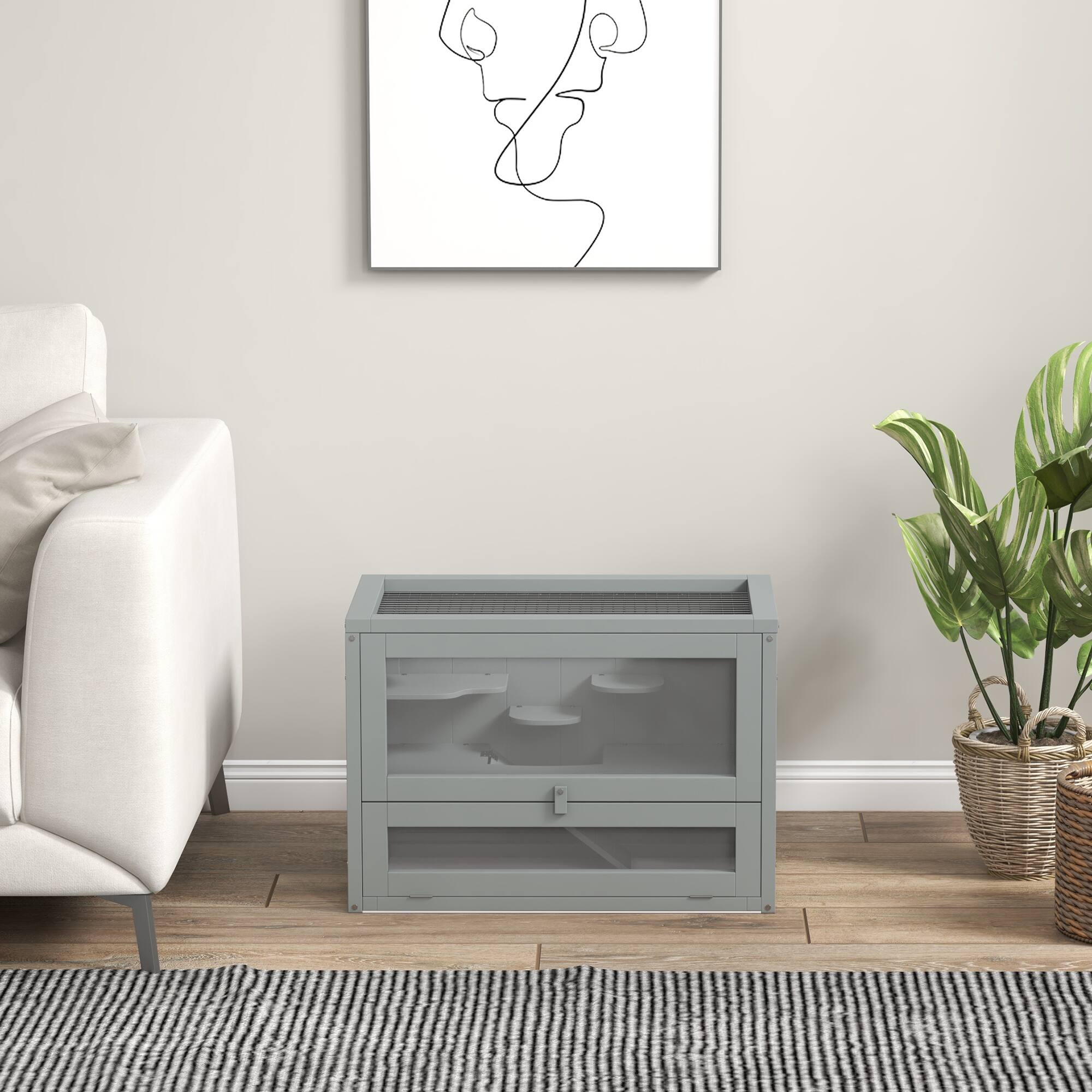 Alt View 5. Pawhut - 2-Level Hamster Cage Mice and Rat House, Guinea Pigs, Chinchillas with Openable Top, Front Door, Shelf, Ladder.