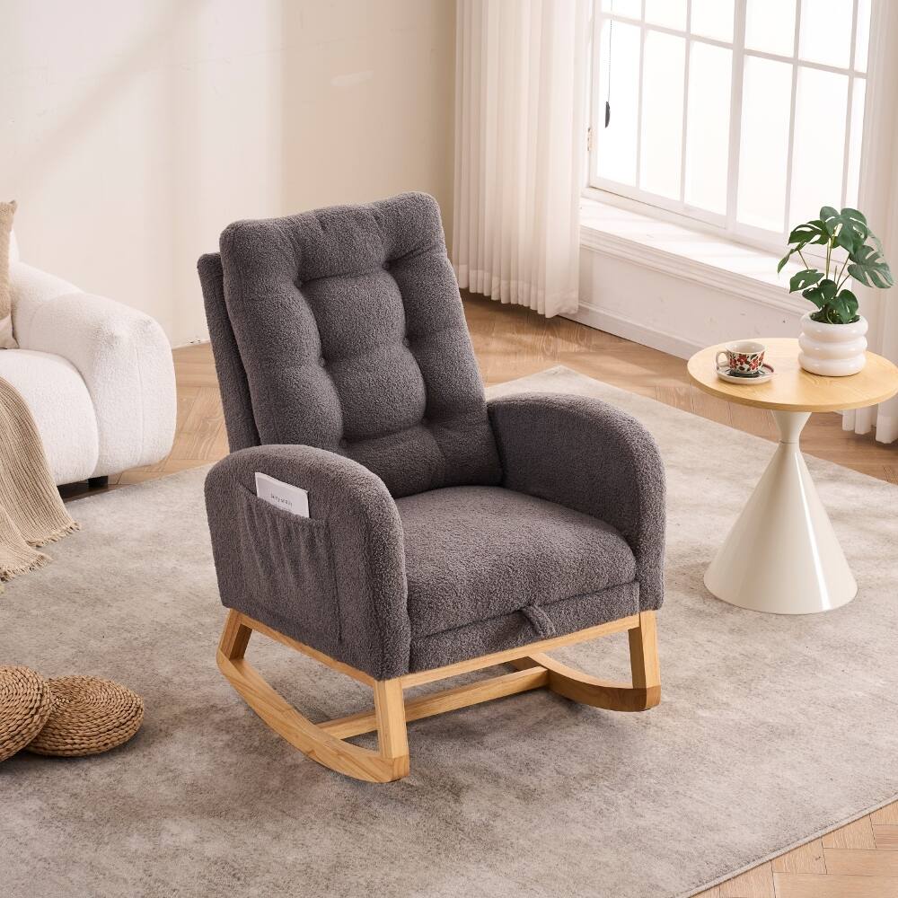 Angle. Loheer - Loheer Dark Gray Accent Rocking Chair High Back Nursery Rocker with Footrest Rubber Wood Legs for Living Room - Dark Gray.
