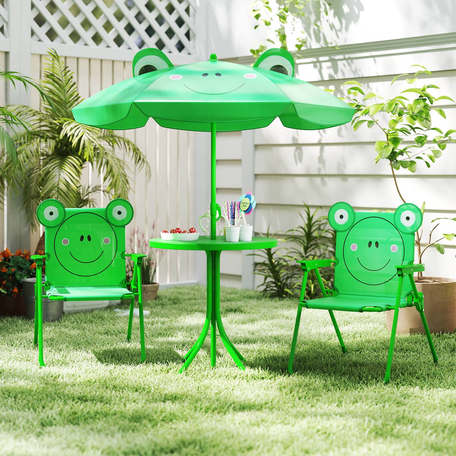 Alt View 4. Costway - Costway Kids Picnic Table & Chair Set with 2 Folding Chairs & Height Adjustable Umbrella - Green.