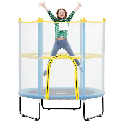 Front. Qaba - 4.6FT Trampoline, 55" Trampoline, Safety Enclosure Net, Indoor Outdoor Mini, Gifts - Light Blue.