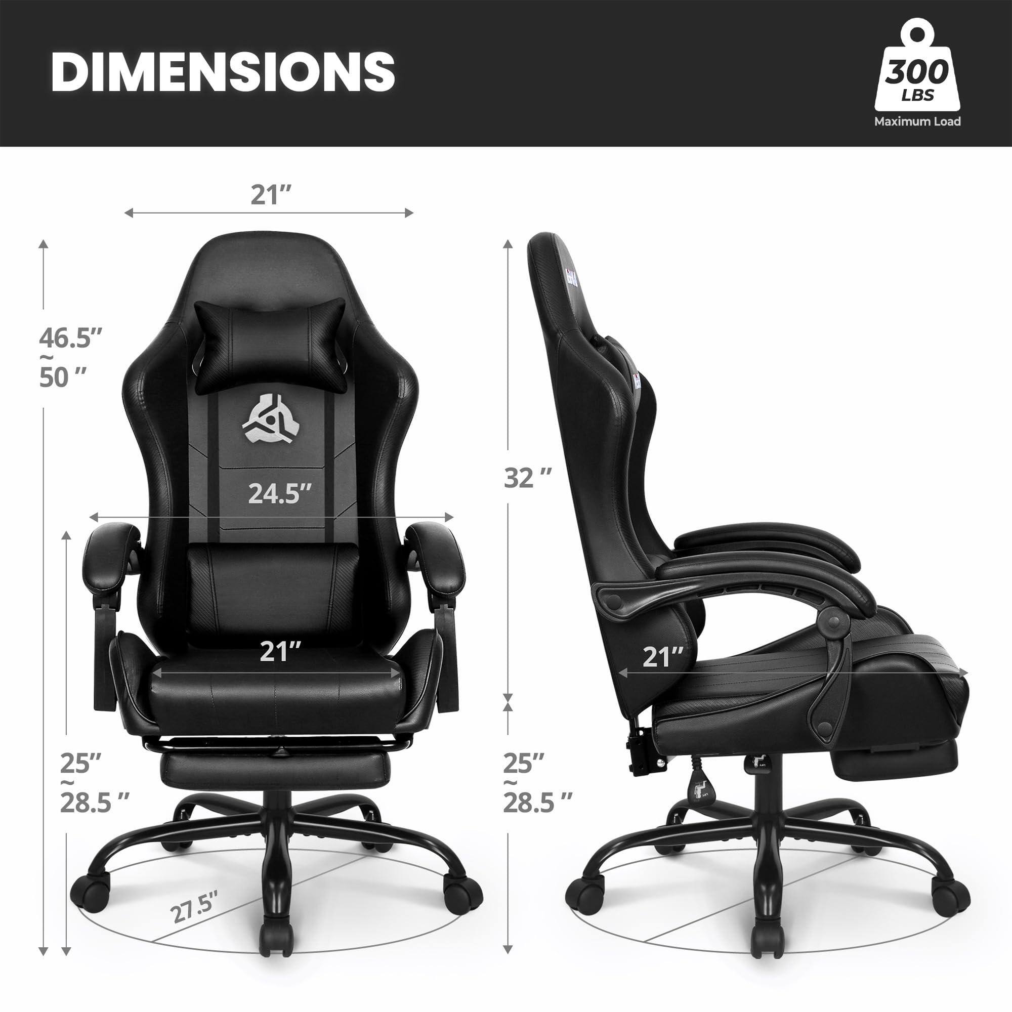 DIMENSIONS  
300 LBS Maximum Load  

- Width: 21"  
- Height: 46.5" to 50"  
- Depth: 24.5"  
- Seat Width: 21"  
- Seat Depth: 25" to 28.5"  
- Armrest Height: 32"  
- Base Diameter: 27.5"
