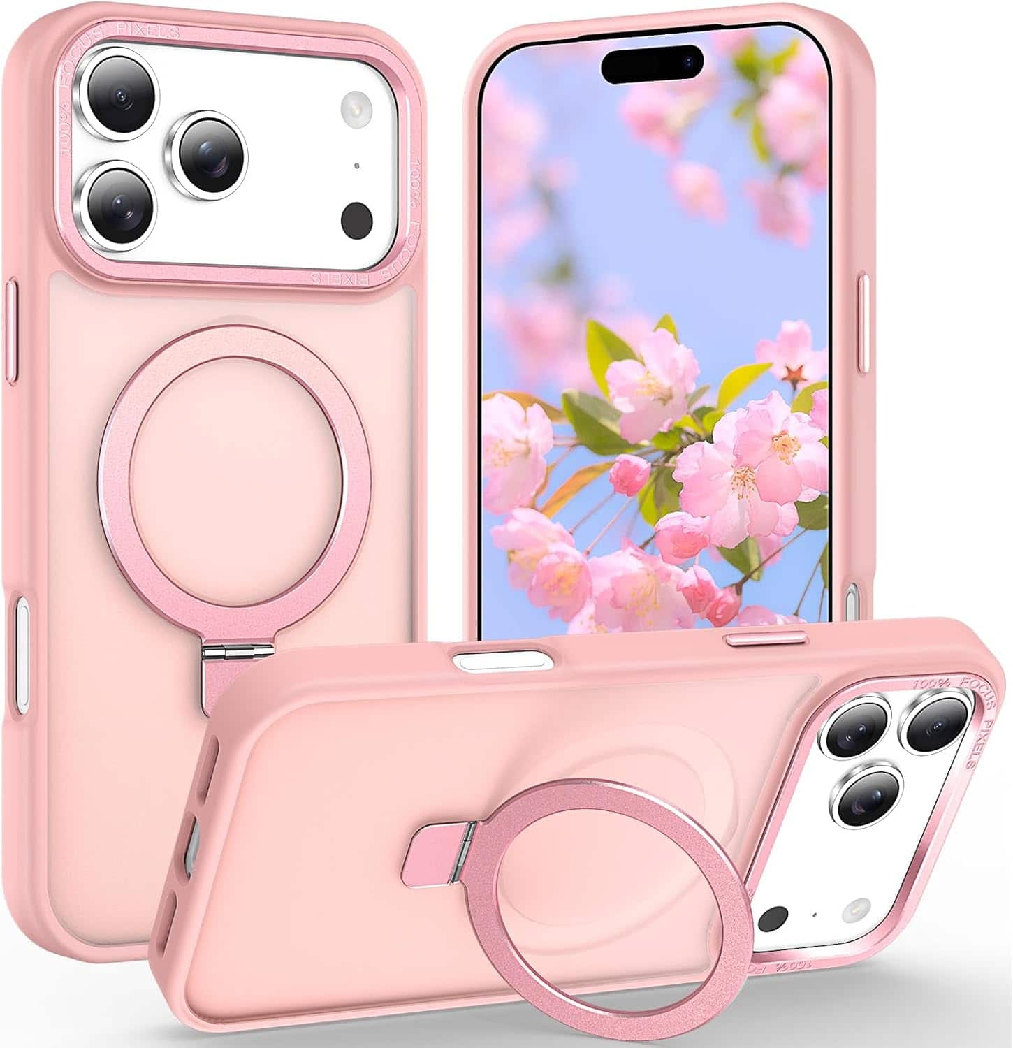 FINEAK - Magnetic iPhone 17 Pro Case with Ring Stand & 10FT Drop Protection - Pink