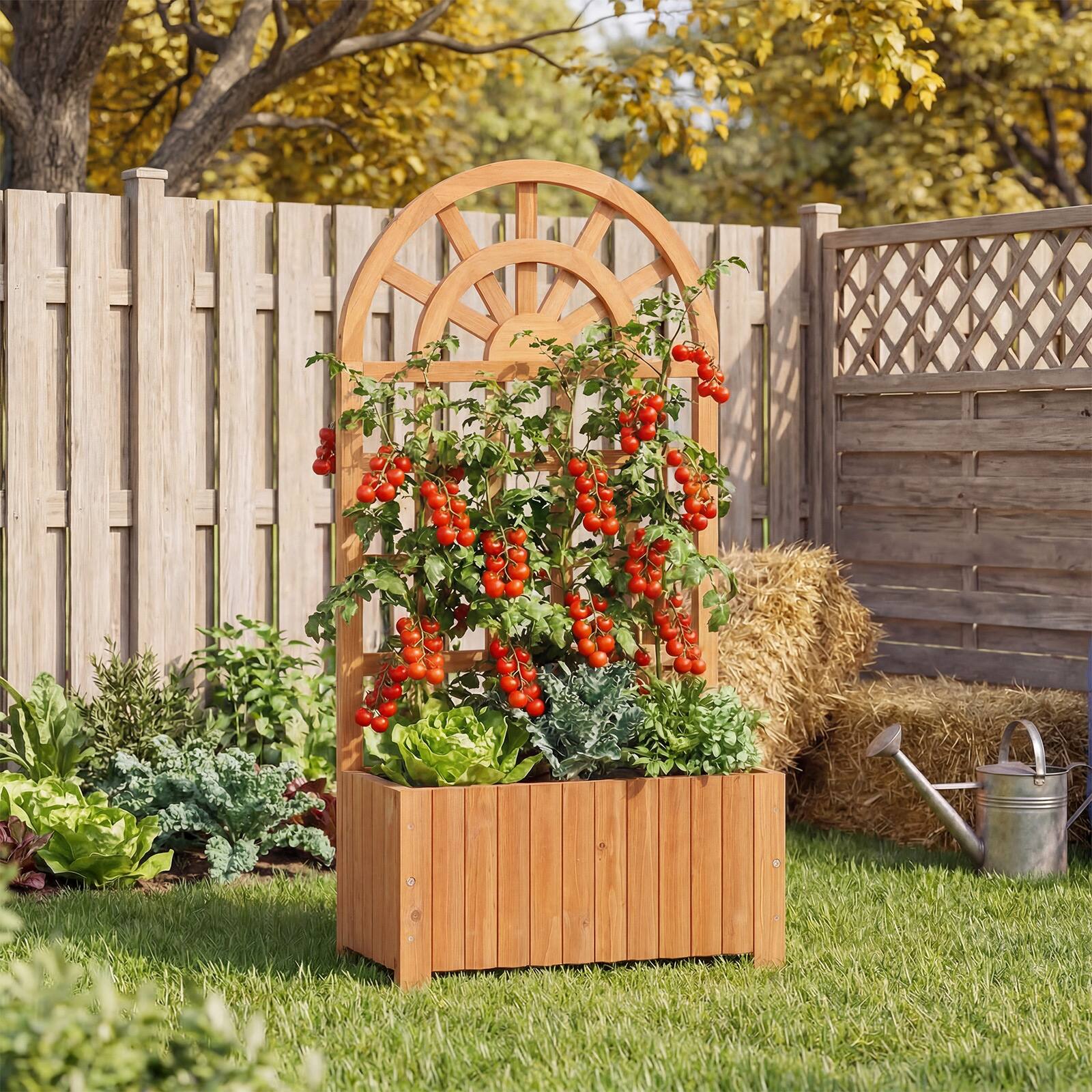 Alt View 3. Costway - Costway 48" Wooden Raised Garden Bed with Trellis, Drainage Holes for Flowers Vegetables - Brown.