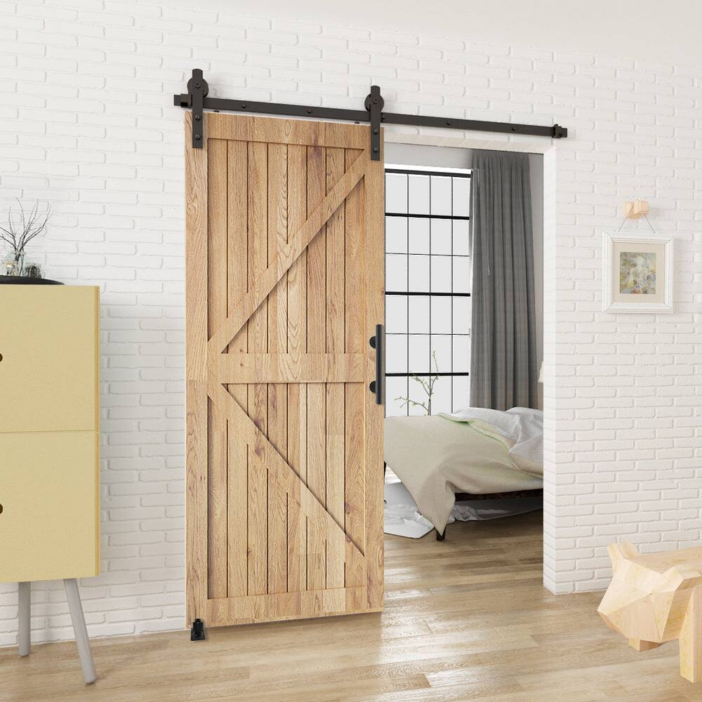 Alt View 3. Boyel Living - 6 ft./72 in. Black Steel Strap Sliding Barn Door Track and Hardware Kit with 12 in. Cylinder Handle and Floor Guide - Black.