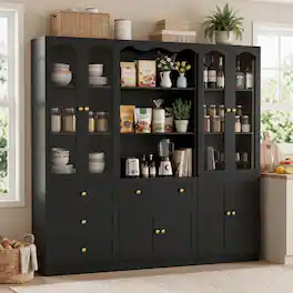 Aheaplus - 74.8'' Wide Pantry Cabinet Set of 3, Tall Pantry with 4 Drawers, Glass Doors, and Adjustable Shelves - Black