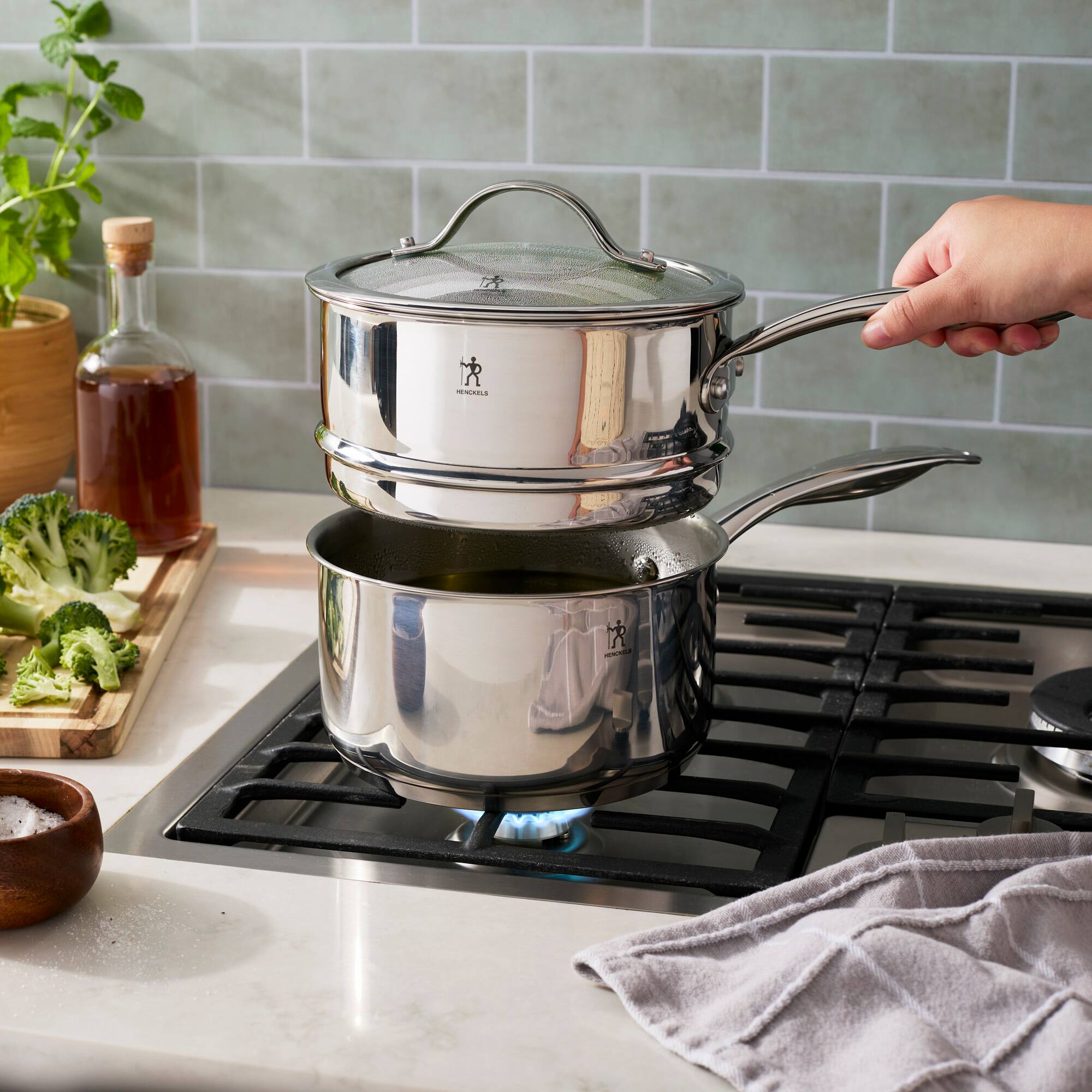 Alt View 2. Henckels - Henckels Aragon 2.5-qt Stainless Steel Saucepan with lid & steamer insert - Stainless Steel.