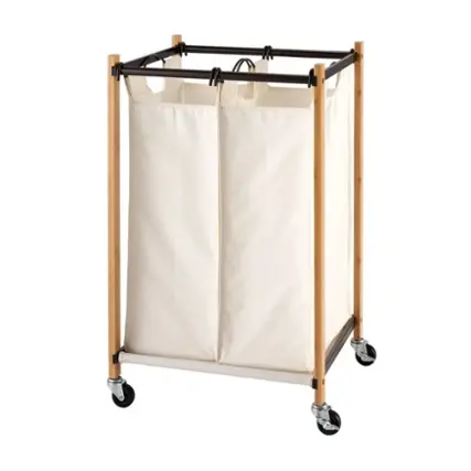 Front. TRINITY - BASICS 2-Bag Bamboo Laundry Cart Bronze Poles - Bronze.