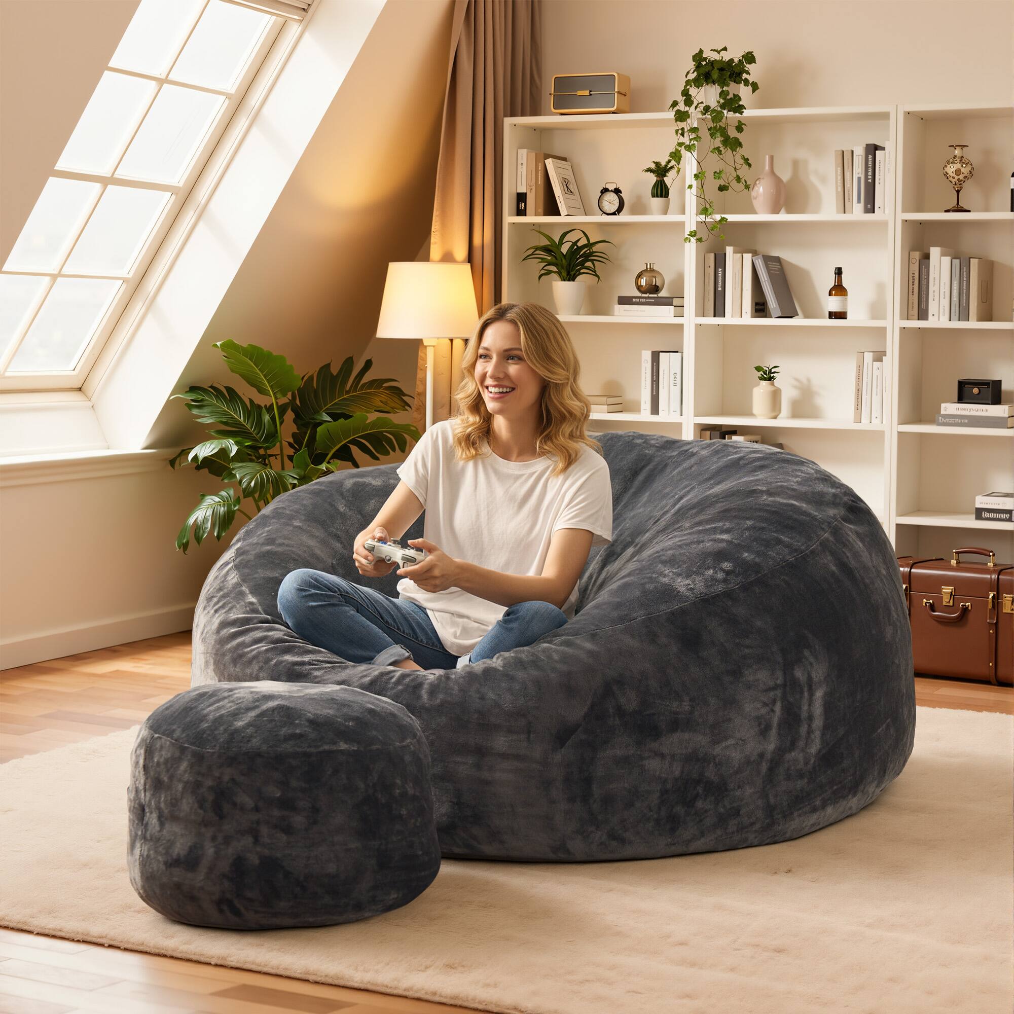Alt View 2. Ovios - 59" Big Bean Bag Chair with Removable Cover & Ottoman for Living Room Bedroom - Dark Gray(Velvet).