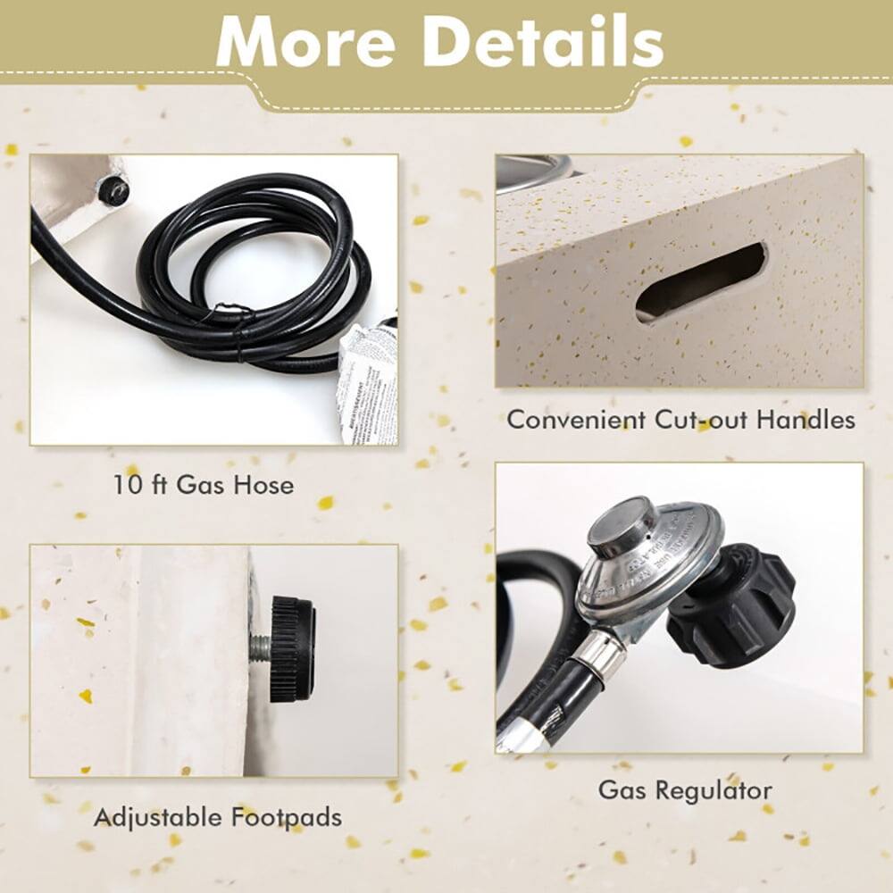 More Details

- Convenient Cut-out Handles
- 10 ft Gas Hose
- Adjustable Footpads
- Gas Regulator