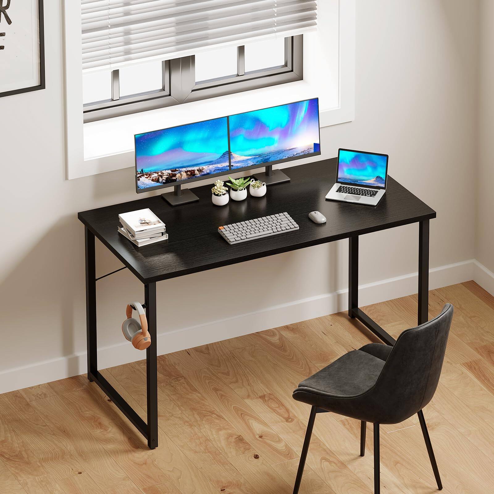 Alt View 3. PARKER SLATER - 63 Inches Computer Desk For Small Spaces Study Table Home Office Writing With Headphone Hooks Black.