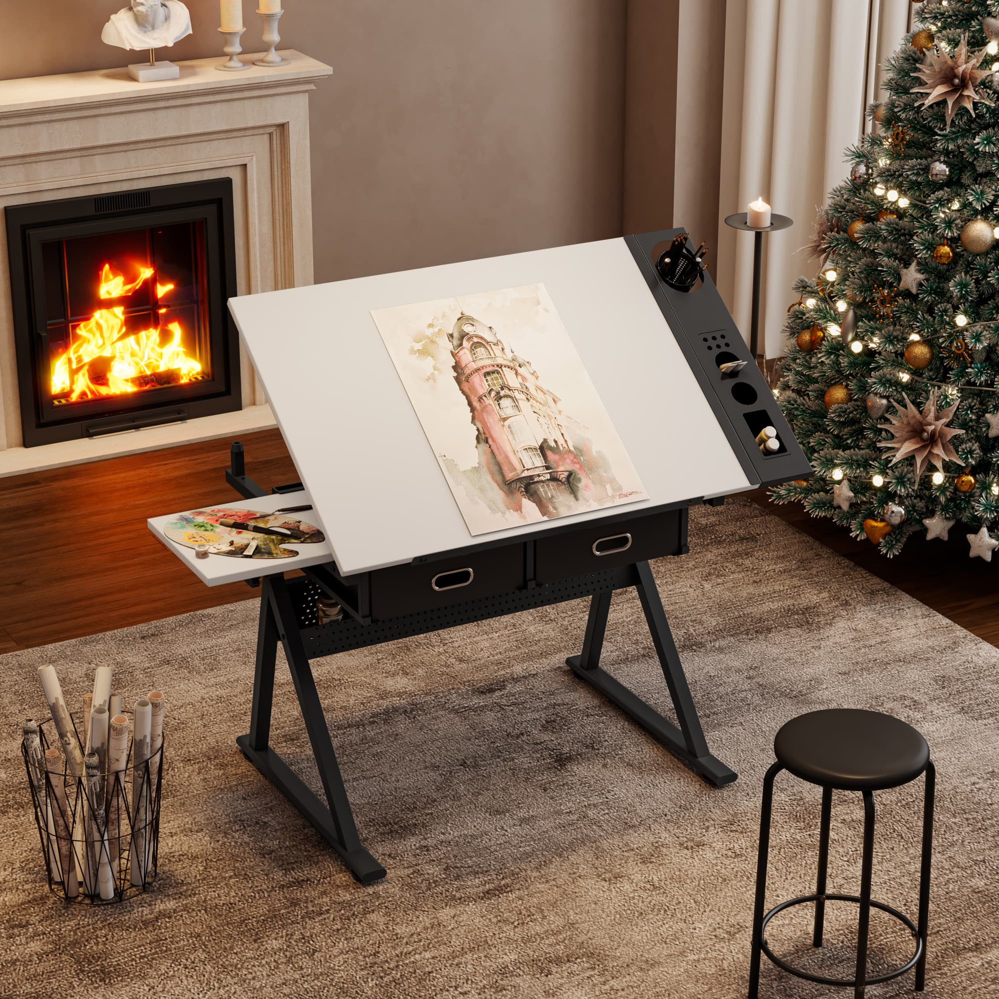 Front. GOODSILO - Adjustable Height Tiltable Drafting Table Desk with Storage Drawers and Included Stool for Artists and Students - White.