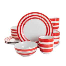 Gibson - Home Sunset Stripes 12 Piece Round Fine Ceramic Dinnerware Set - Red