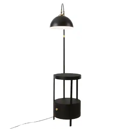 Front. Stock Preferred - Adjustable Black Arched Floor Lamp with Gold Shade, Foot Switch & Table - Black with Gold Shade.