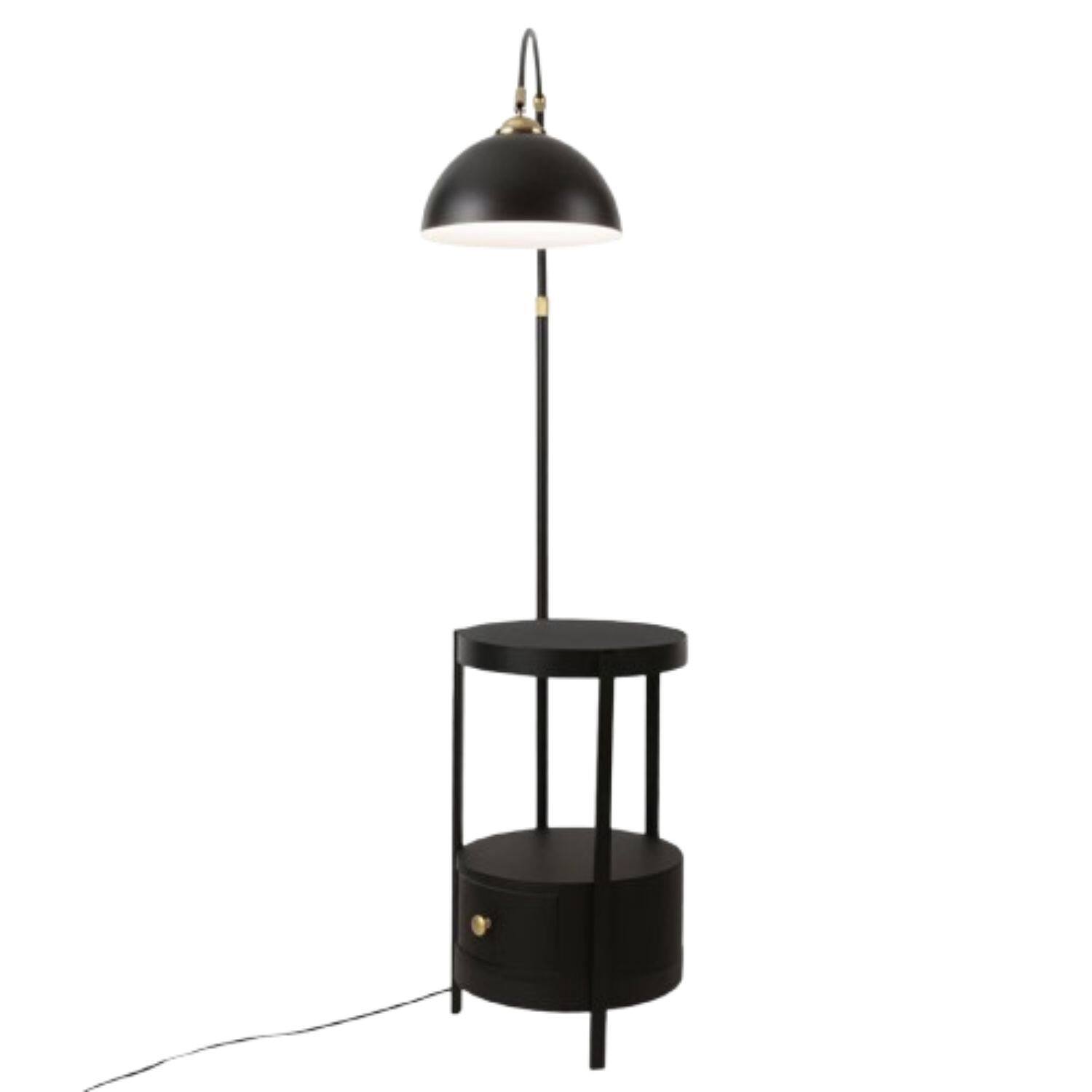 Front. Stock Preferred - Adjustable Black Arched Floor Lamp with Gold Shade, Foot Switch & Table - Black with Gold Shade.