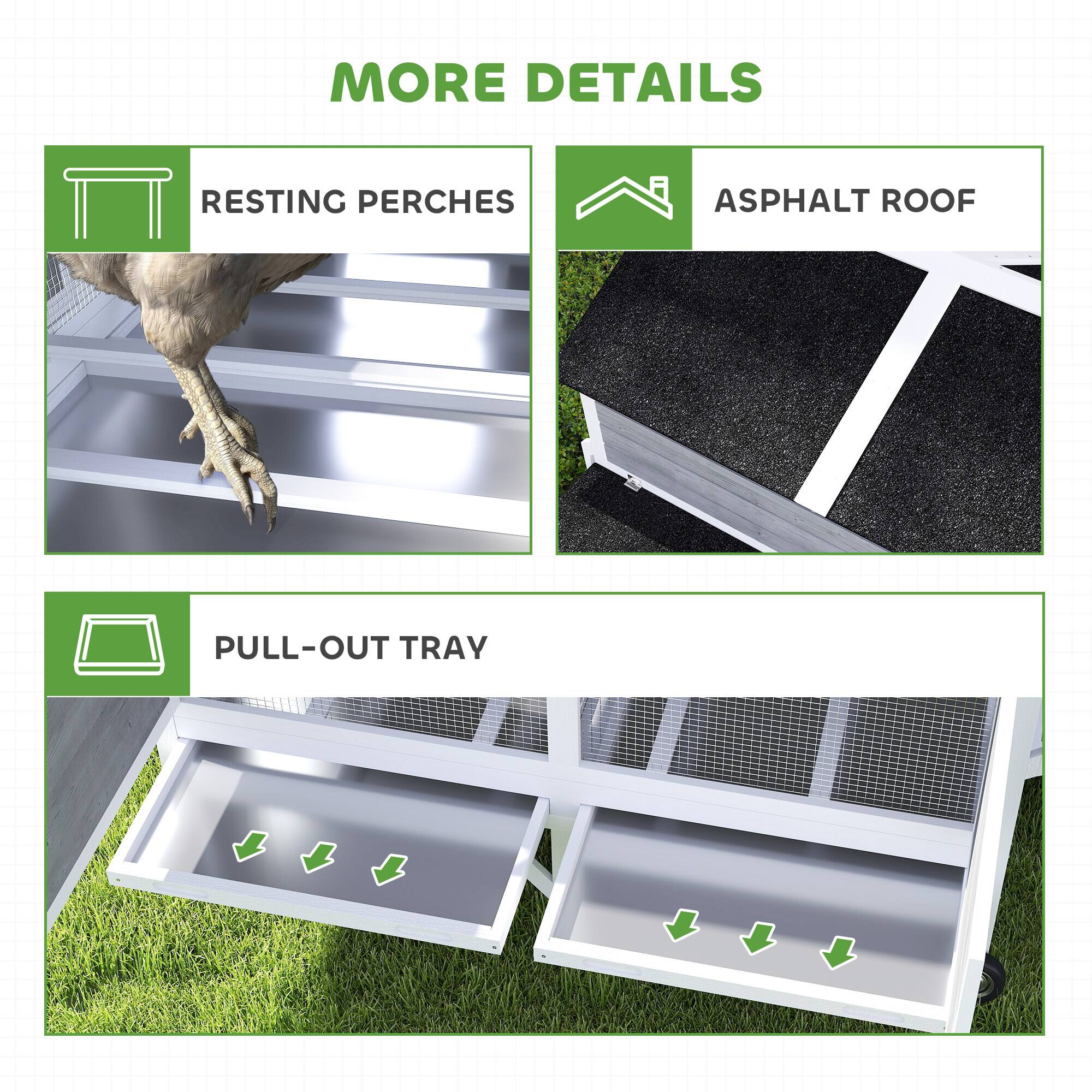 MORE DETAILS

- RESTING PERCHES
- ASPHALT ROOF
- PULL-OUT TRAY