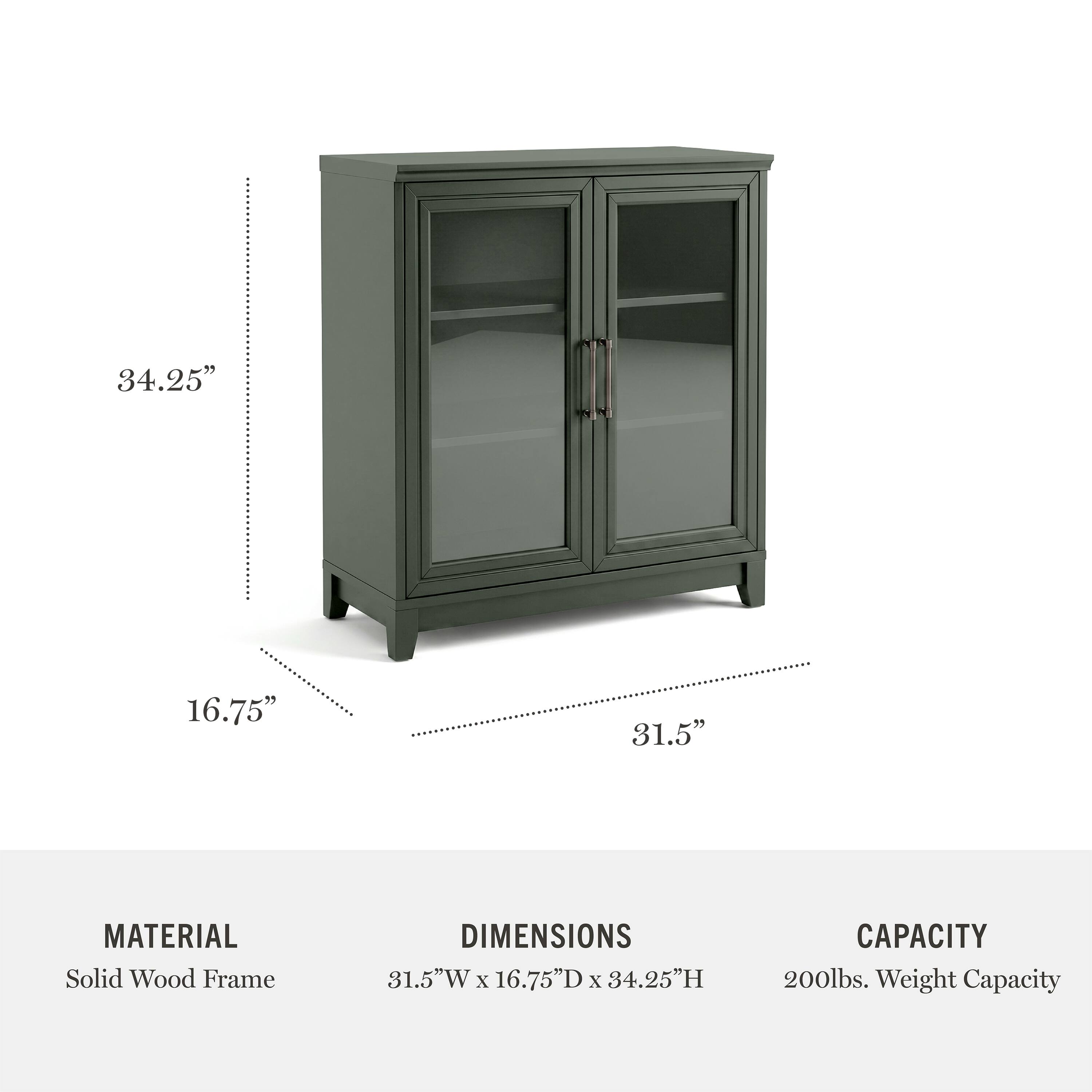 34.25" 16.75" 31.5"  
MATERIAL: Solid Wood Frame  
DIMENSIONS: 31.5"W x 16.75"D x 34.25"H  
CAPACITY: 200lbs. Weight Capacity