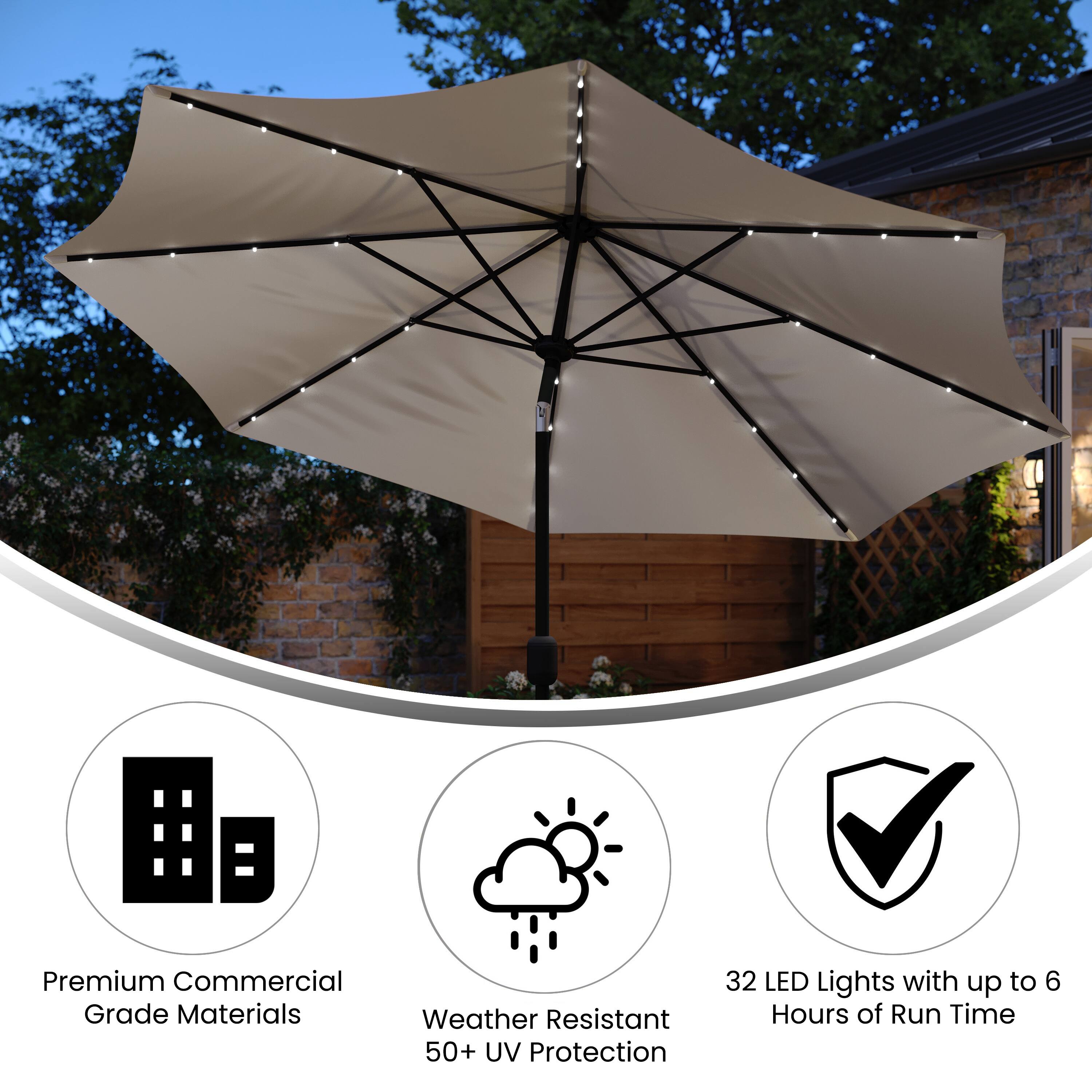 Premium Commercial Grade Materials  
Weather Resistant 50+ UV Protection  
32 LED Lights with up to 6 Hours of Run Time
