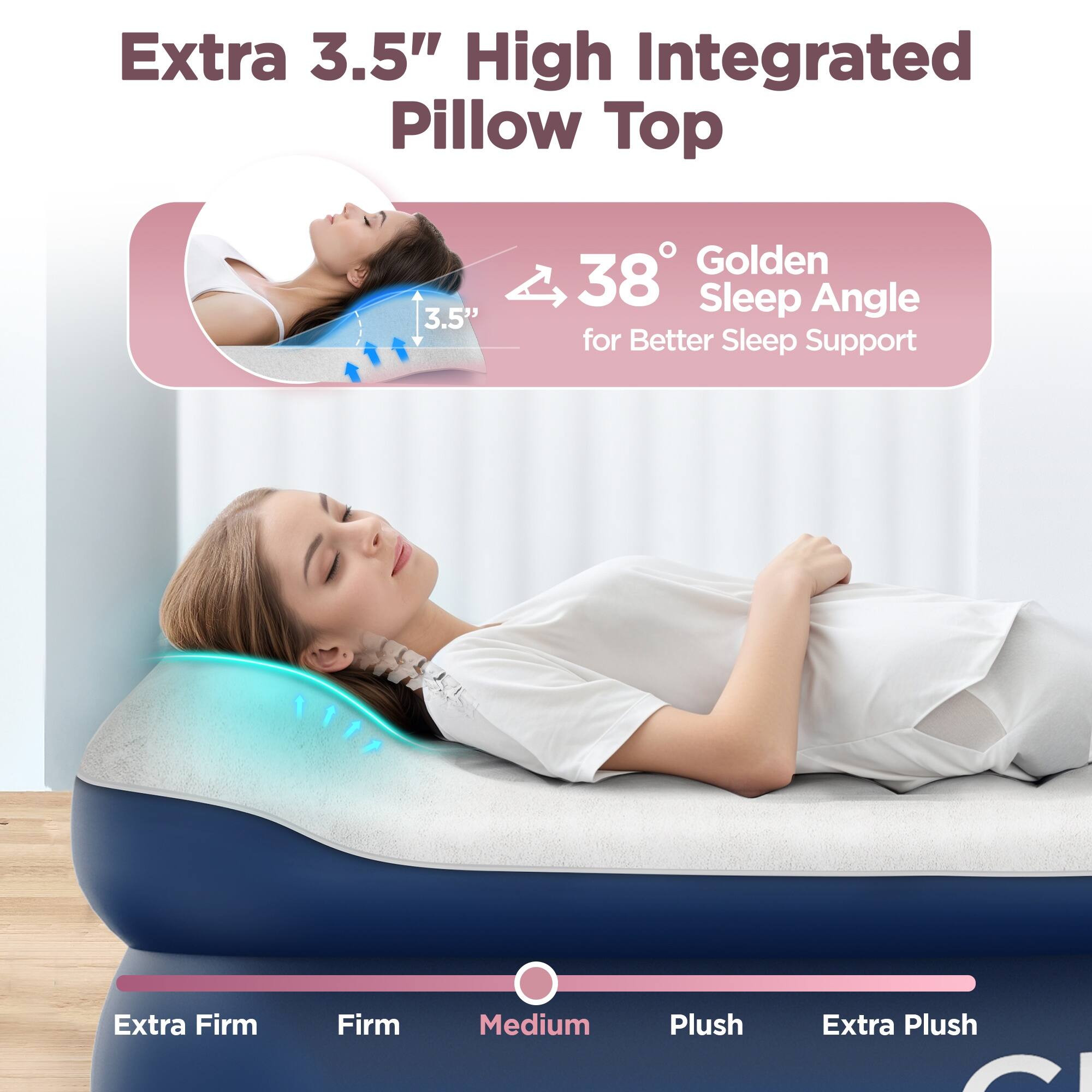 Extra 3.5" High Integrated Pillow Top

38° Golden Sleep Angle for Better Sleep Support

Extra Firm
Firm
Medium
Plush
Extra Plush