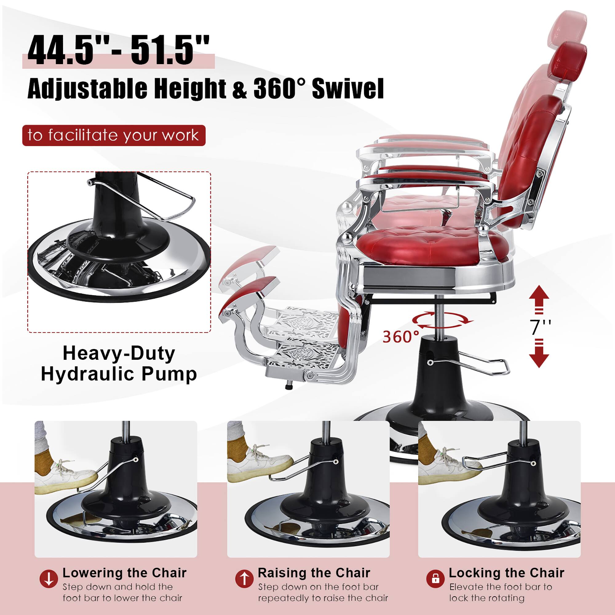 The text on the image is grouped and corrected as follows:

44.5"-51.5" Adjustable Height & 360 Swivel to facilitate your work Heavy-Duty Hydraulic Pump 360 7" Lowering the Chair Step down and hold the foot bar to lower the chair Raising the Chair Step down on the foot bar repeatedly to raise the chair Locking the Chair 6 Elevate the foot bar to lock the rotating.