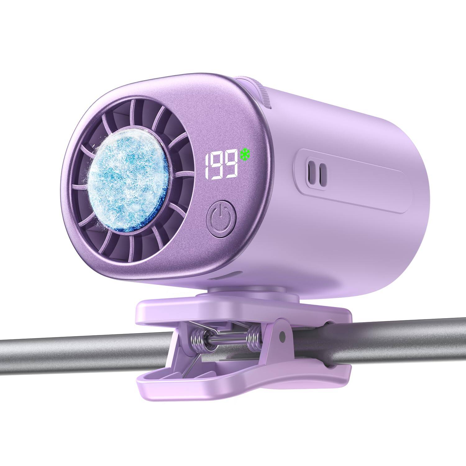 Front. PRIMEPLUS - Clip-On Portable Fan with Ice Cooling, 20000 RPM Rechargeable Turbo Fan, 360° Rotating Clip for Stroller, Travel Gift - Purple.