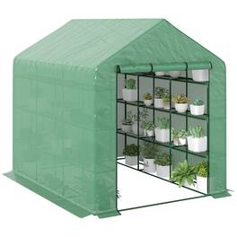 Outsunny - 8' x 6' x 7' Walk-in Greenhouse, PE Cover, 4-Tier Shelves, Steel Frame Hot House, Roll-Up Zipper Door for Flowers