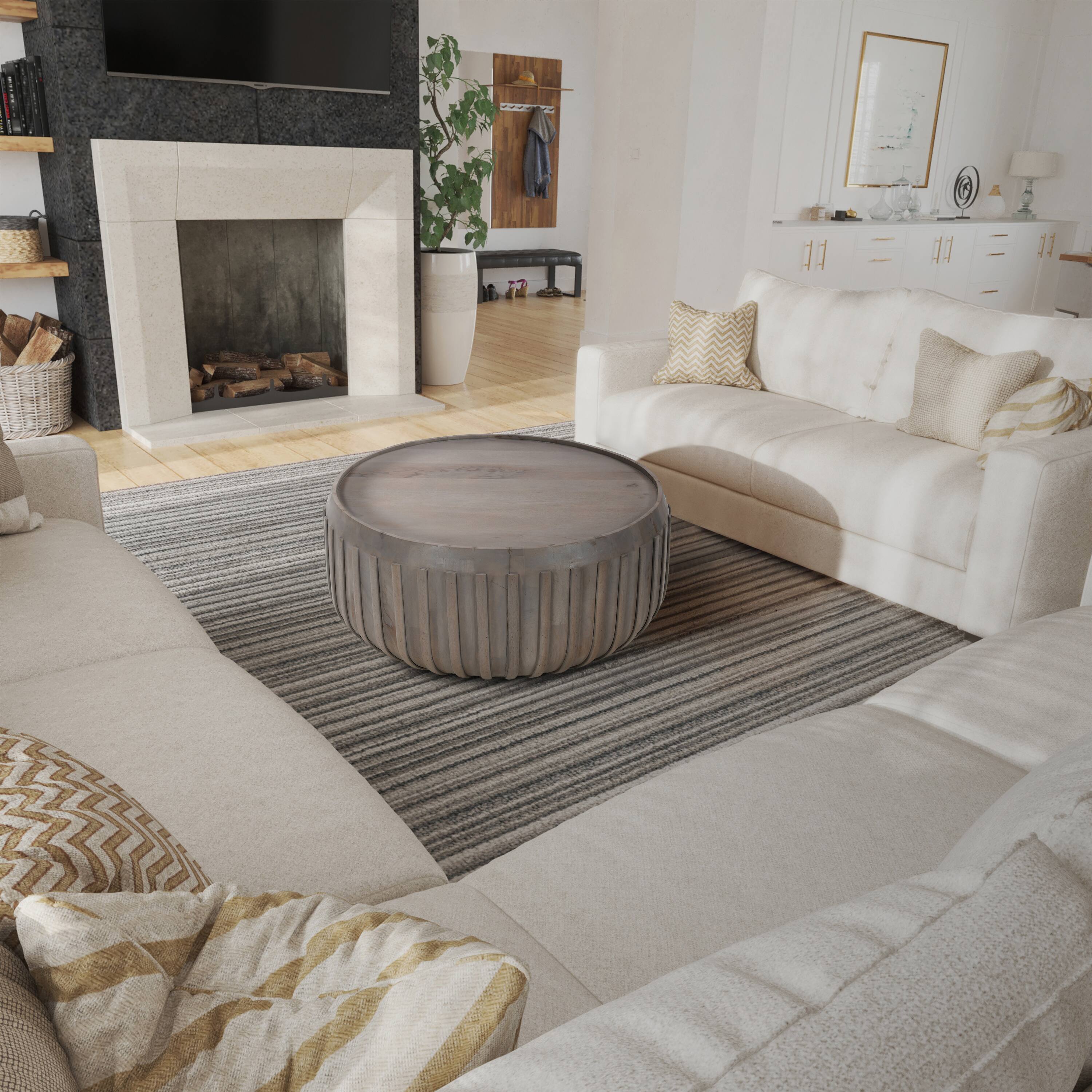 Alt View 9. Manhattan Lane - Alisha 36 Inch Coffee Table, Handcrafted Drum Shape with Ribbed Edges, Mango Wood - Gray.