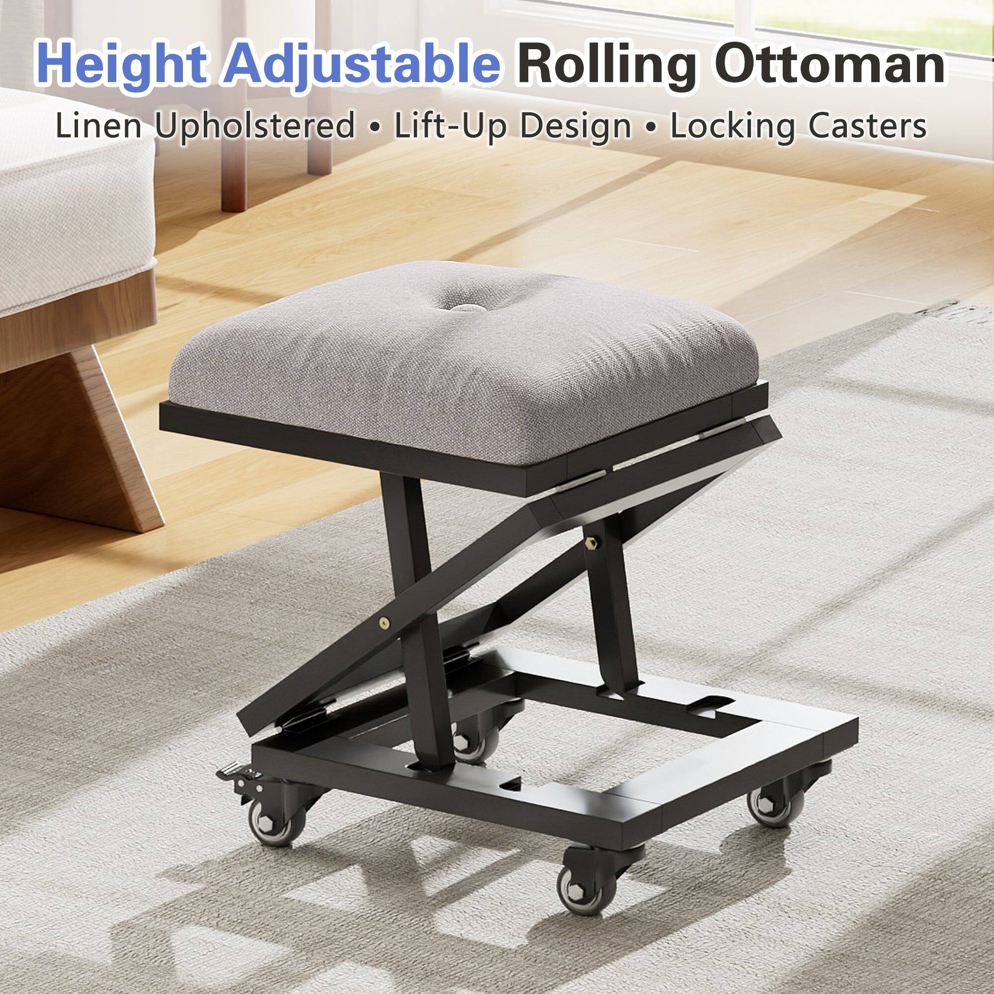 Height Adjustable Rolling Ottoman  
Linen Upholstered • Lift-Up Design • Locking Casters