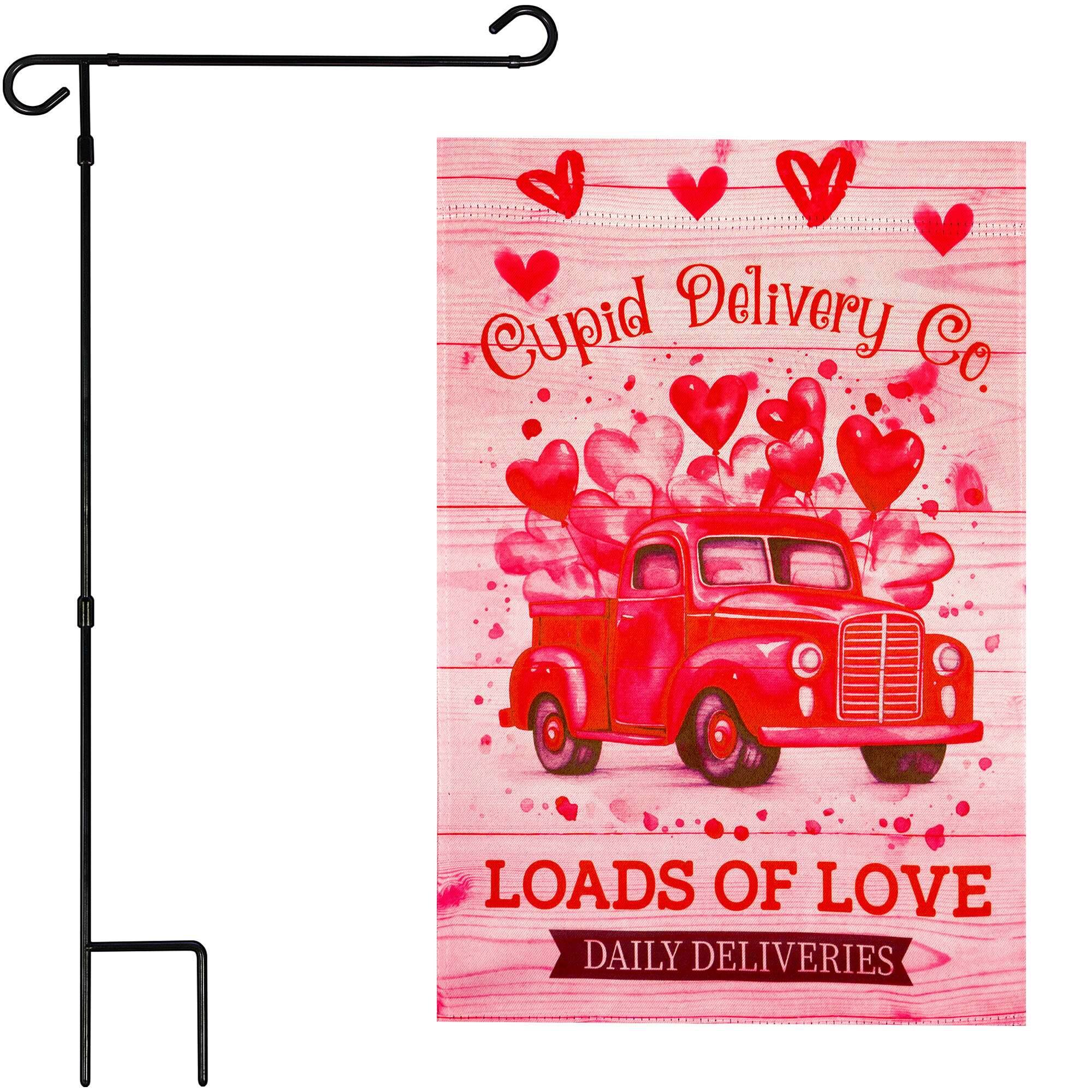 G128 - Combo Pack: 12x18 in Double-Sided Valentine's Day Garden Flag (Cupid Delivery Truck) with 36x16 in Metal Stand - Pink